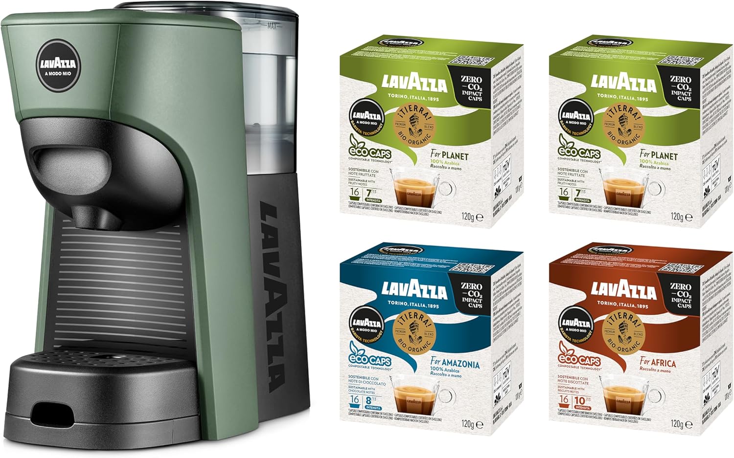Lavazza, A Modo Mio Macchina per Caffè Tiny Eco Verde con 64 Capsule ¡Tierra! Assortite, Macchina per Espresso in Plastica Riciclata, 1450 W, 220-240 V, 50/60 Hz, 0.6 Litri