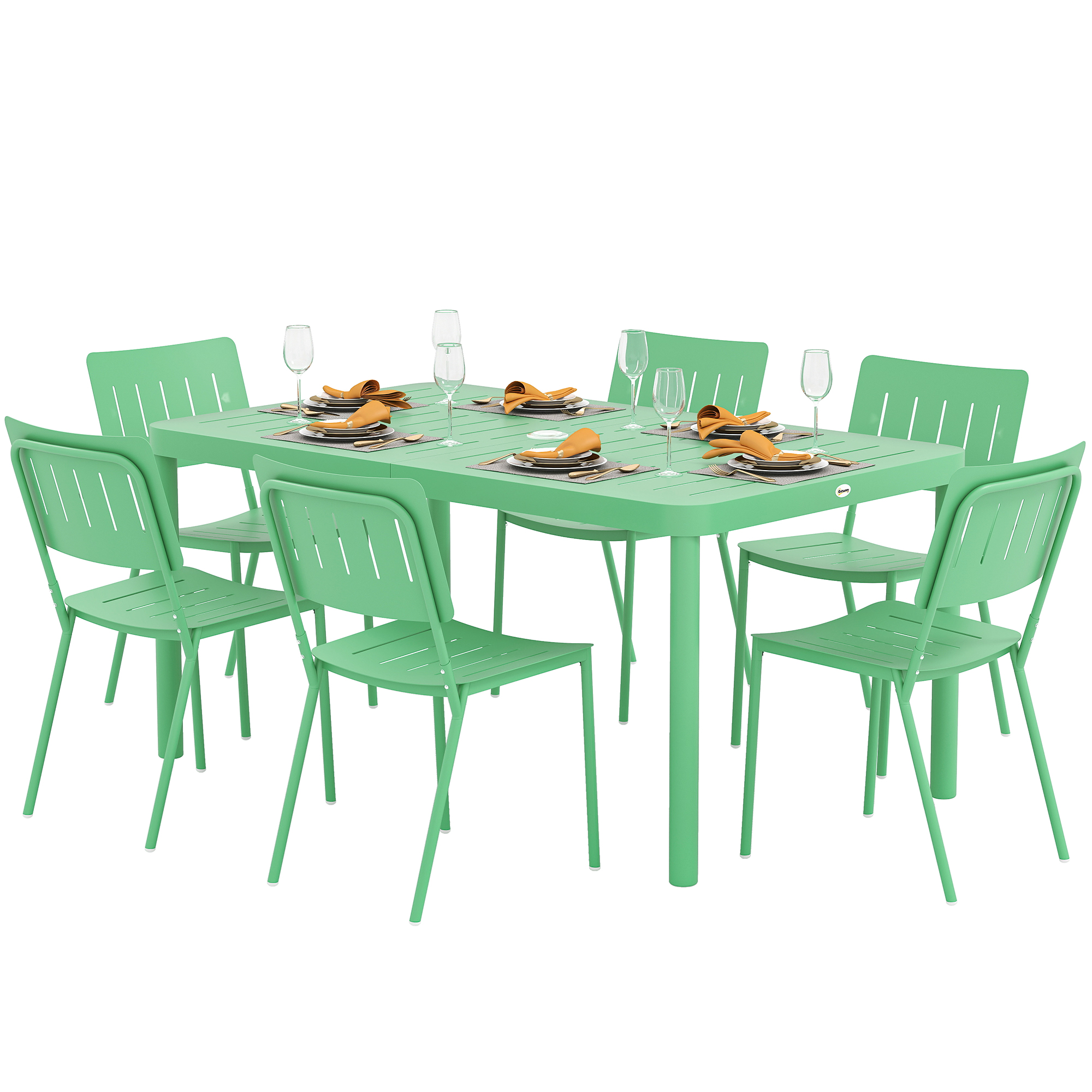 Outsunny Outdoor Gartentisch mit 6 Stühlen, Lattenplatte 150 cm, rostbeständiger Stahlrahmen, Grün