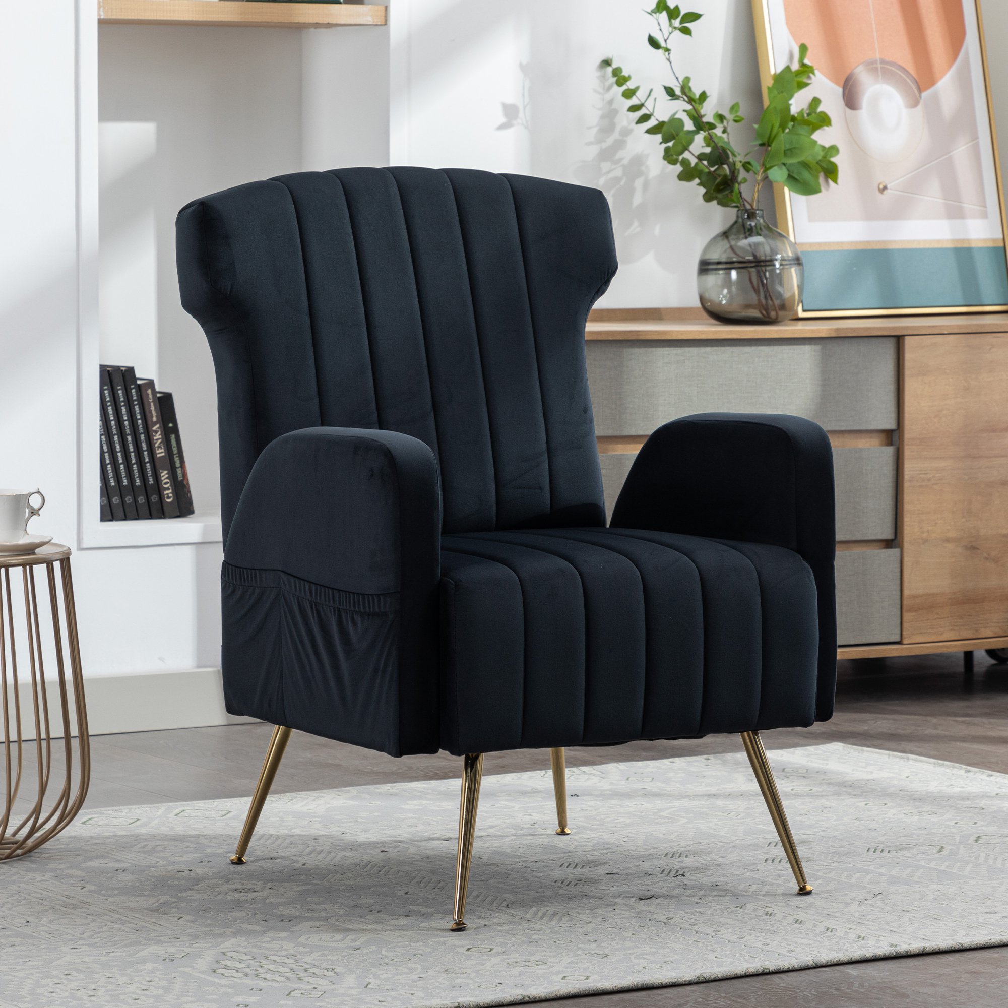 Relaxsessel mit Bezug in Samtoptik mit Massagefunktion und abnehmbaren Kissen, elegantes und modernes Design für Wohnzimmer und Aufenthaltsraum, Schwarz