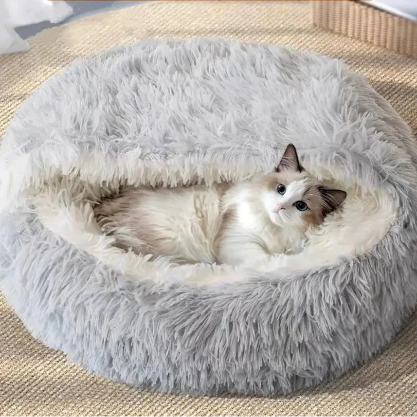 Plush Cat Cave Bed �C Semi-Enclosed, Machine Washable & Anti-Slip Base
