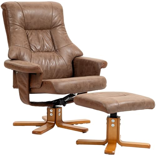 HOMCOM Poltrona relax con sgabello, poltrona TV girevole, poltrona TV con funzione reclinabile, poltrona imbottita per soggiorno, camera da letto, microfibra marrone, 78 x 82,5 x 109 cm : Casa e cucina