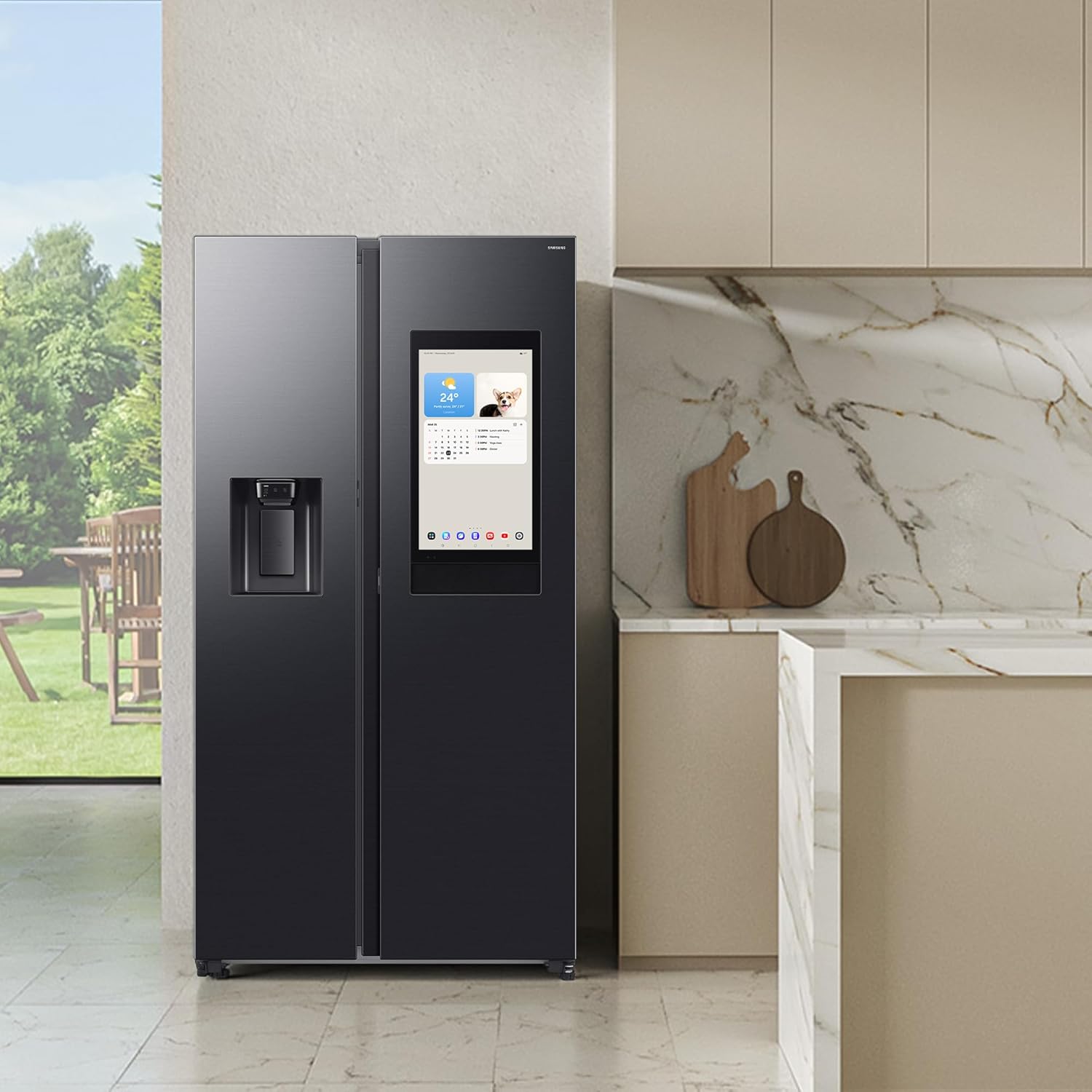 RS90F66BEFEF Side-by-Side Kühl-Gefrierkombination, AI Kühlschrank mit Gefrierfach, 178 cm, 614 l, Eis-/Wasserspender mit Wasseranschluss, Family Hub, AI Energy & Voice Control, Black Steel