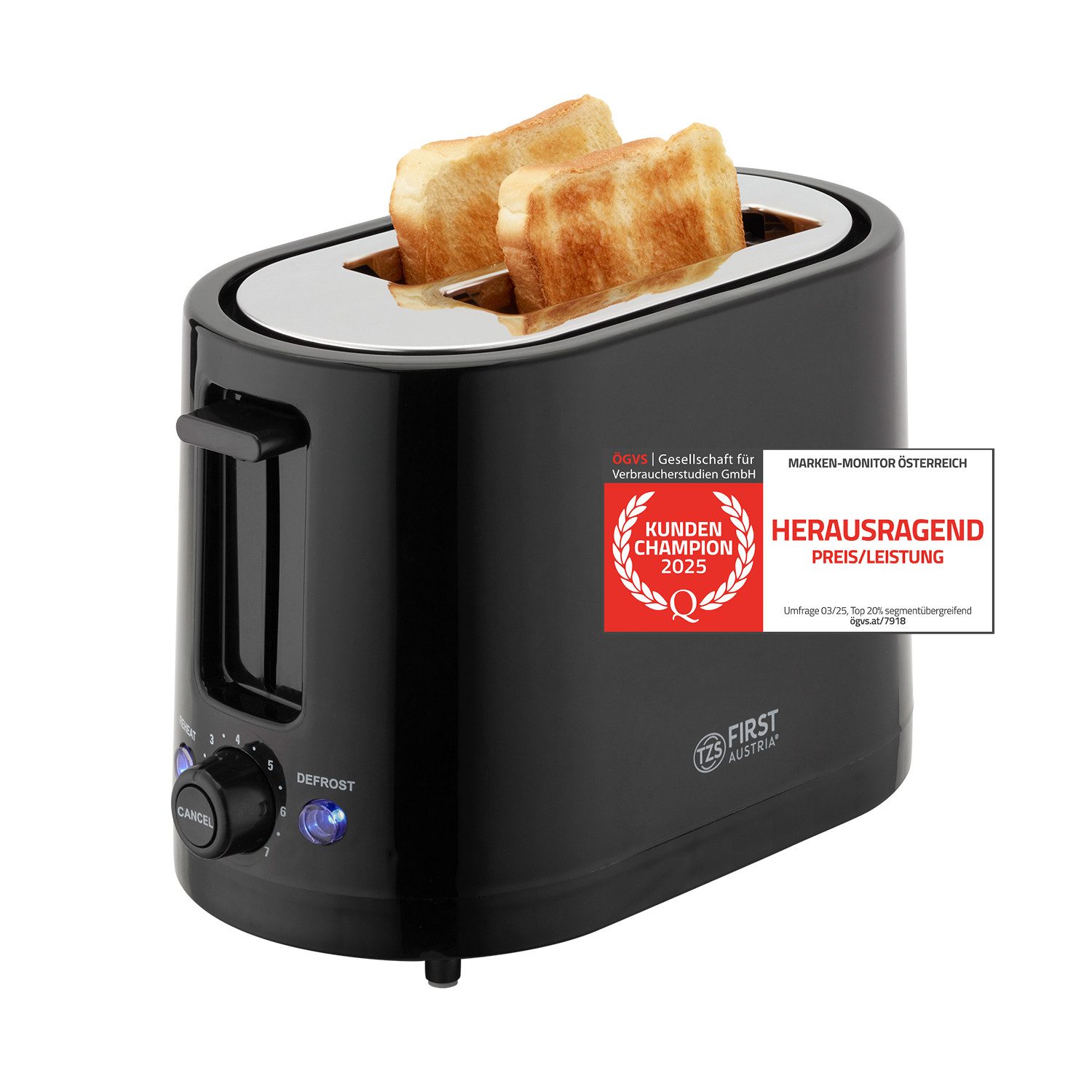 Toaster 750W, 2 Scheiben, 7 Stufen, schwarz
