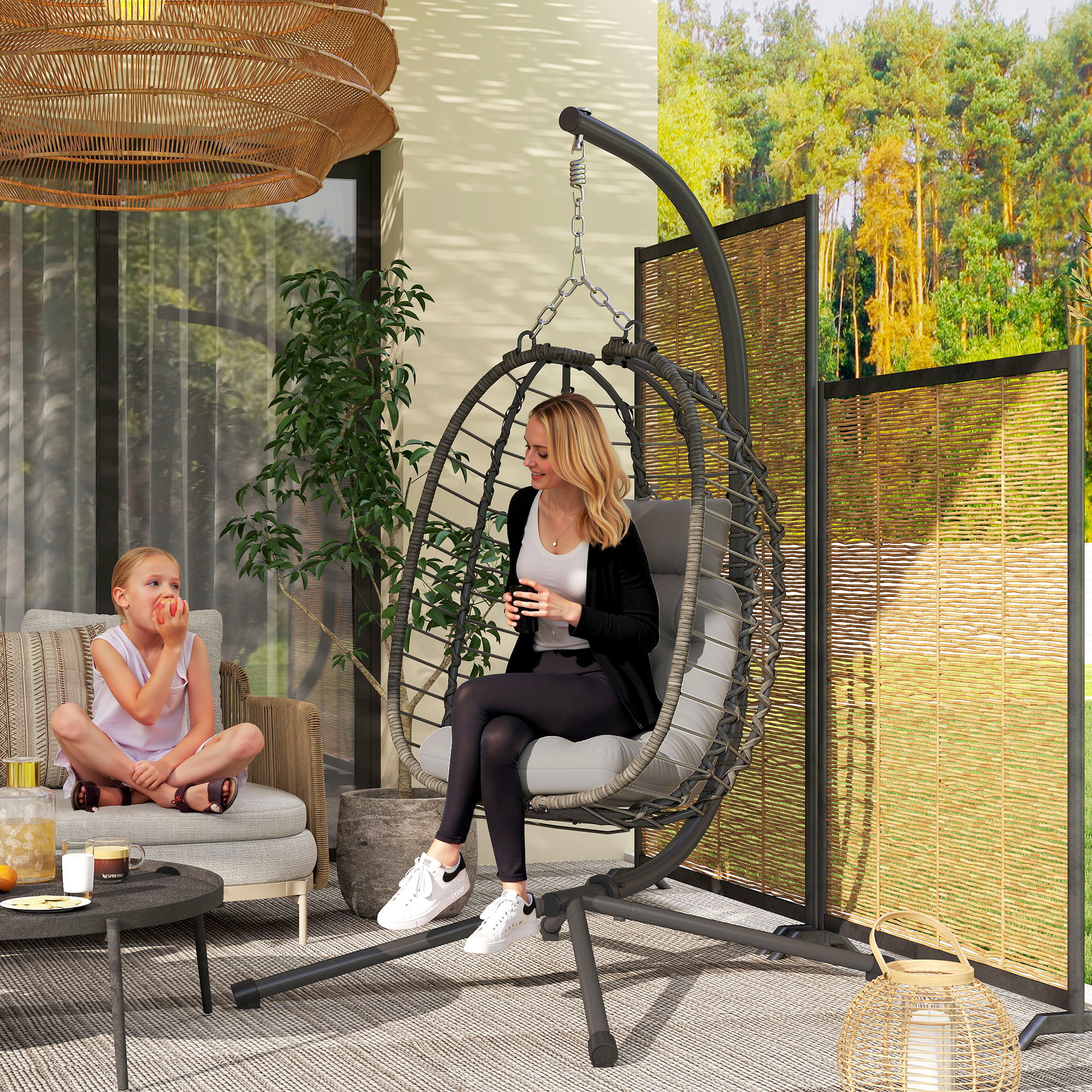 Outsunny Hängender Rattansessel in Eiform mit Kissen und Kopfstütze, Höhenverstellbar und Faltbare Sitzfläche, Hellgrau