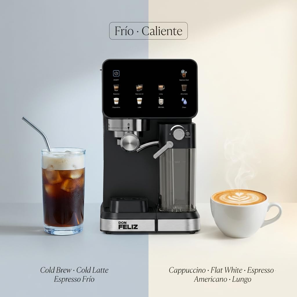 Don Feliz Macchina da caffè espresso semiautomatica, 20 bar, 1350 W, con display LCD, serbatoio del latte da 500 ml, serbatoio dell'acqua da 1,5 l, compatibile con Nespresso, Cappuccino, Americano