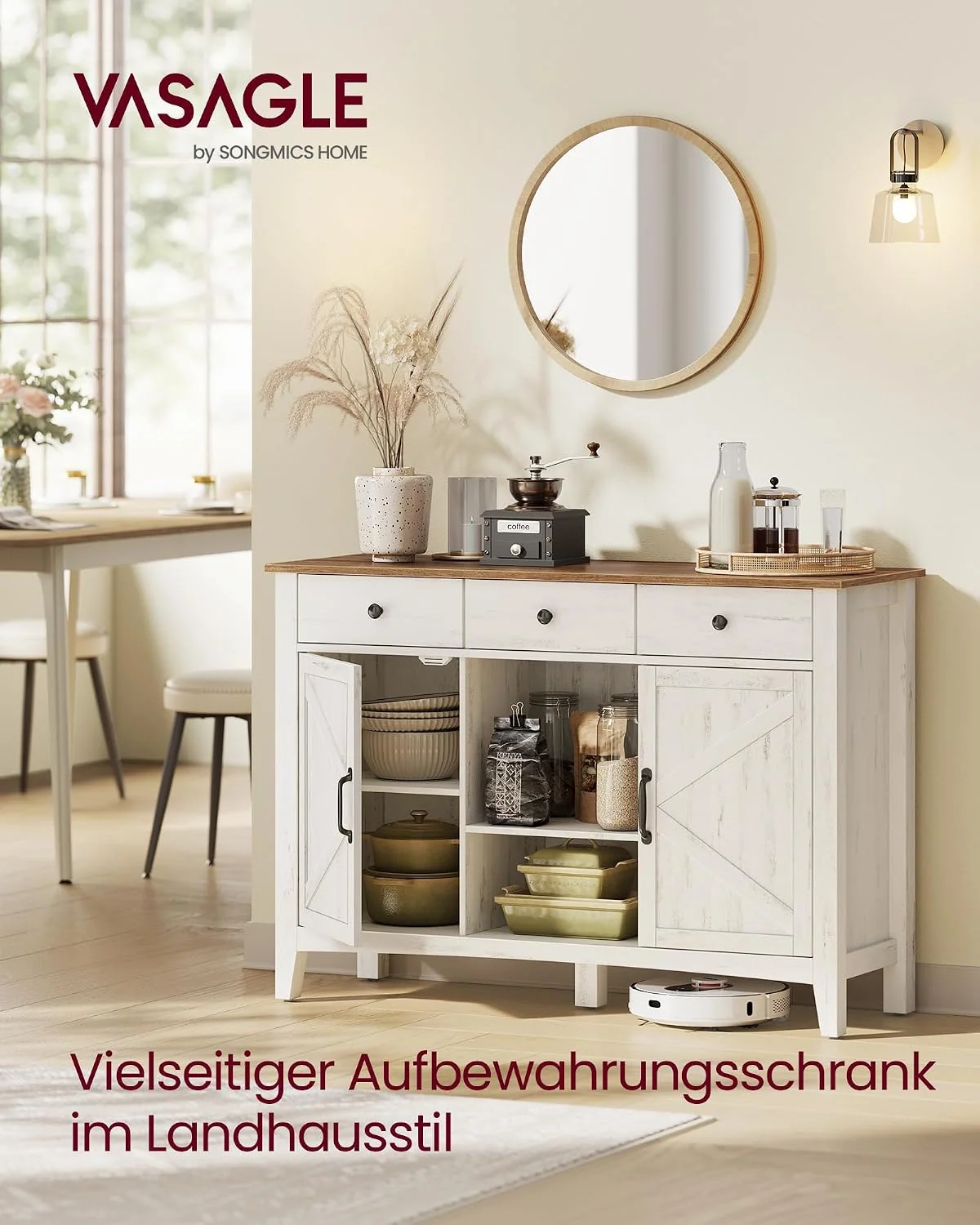 VASAGLE LIRY Sideboard mit Türen, Schubladen und Stauraum im Landhausstil
