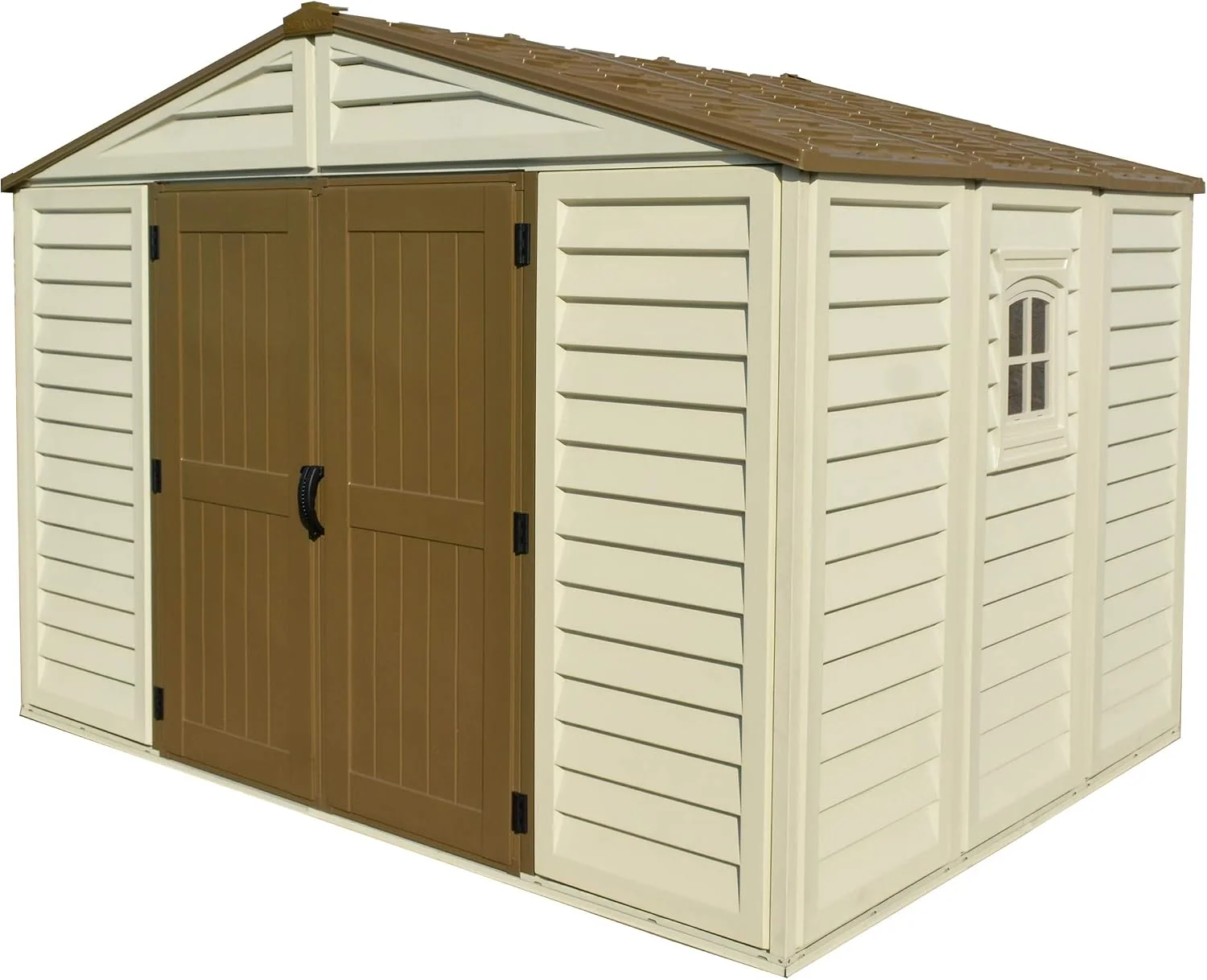 Duramax WoodBridge Plus 10 x 8 (7.64 m²) Kunststoff gerätehaus mit 1 festen Fenster und Metallfundamentset, wartungsfreie, Ivory/Brown, Beige & Braun