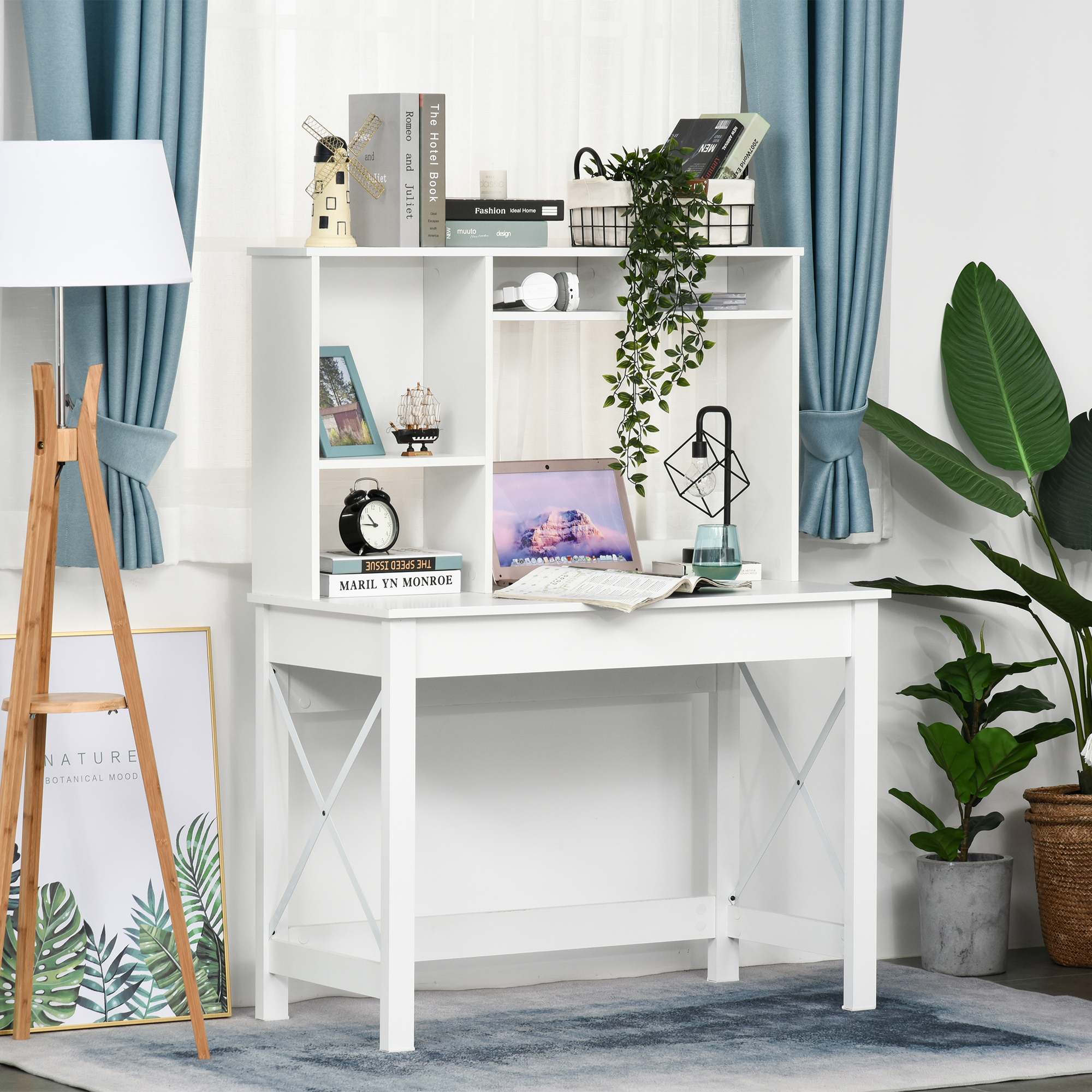 HOMCOM Schreibtisch mit Aufbewahrung, Bücherregal-Schreibtisch, moderner Holzschreibtisch mit Regalen und großer Tischplatte für kleine Räume, Home Office, Schlafzimmer, 105 x 50 x 137,5 cm, Weiß