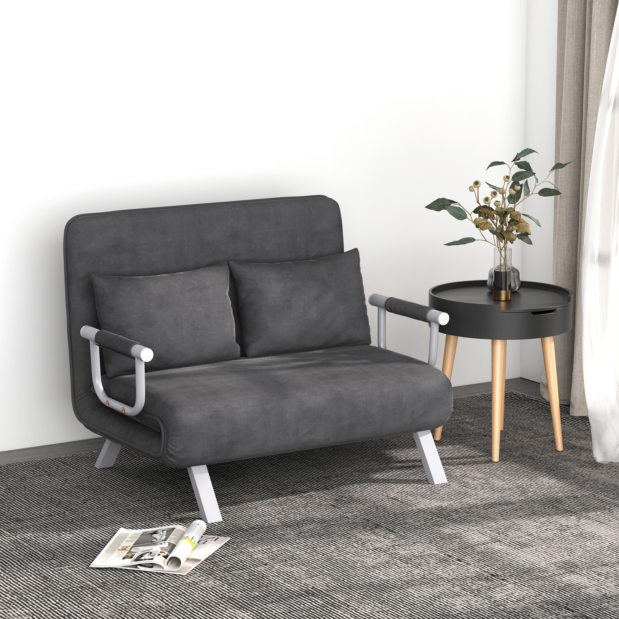 HOMCOM Schlafsofa Schlafcouch mit Verstellbarer Rückenlehne, Wurfkissen, Sofa mit Schlaffunktion, Samtoptik, Armlehne, Gästebett, Klappsessel für Wohnzimmer, Schlafzimmer, Grau