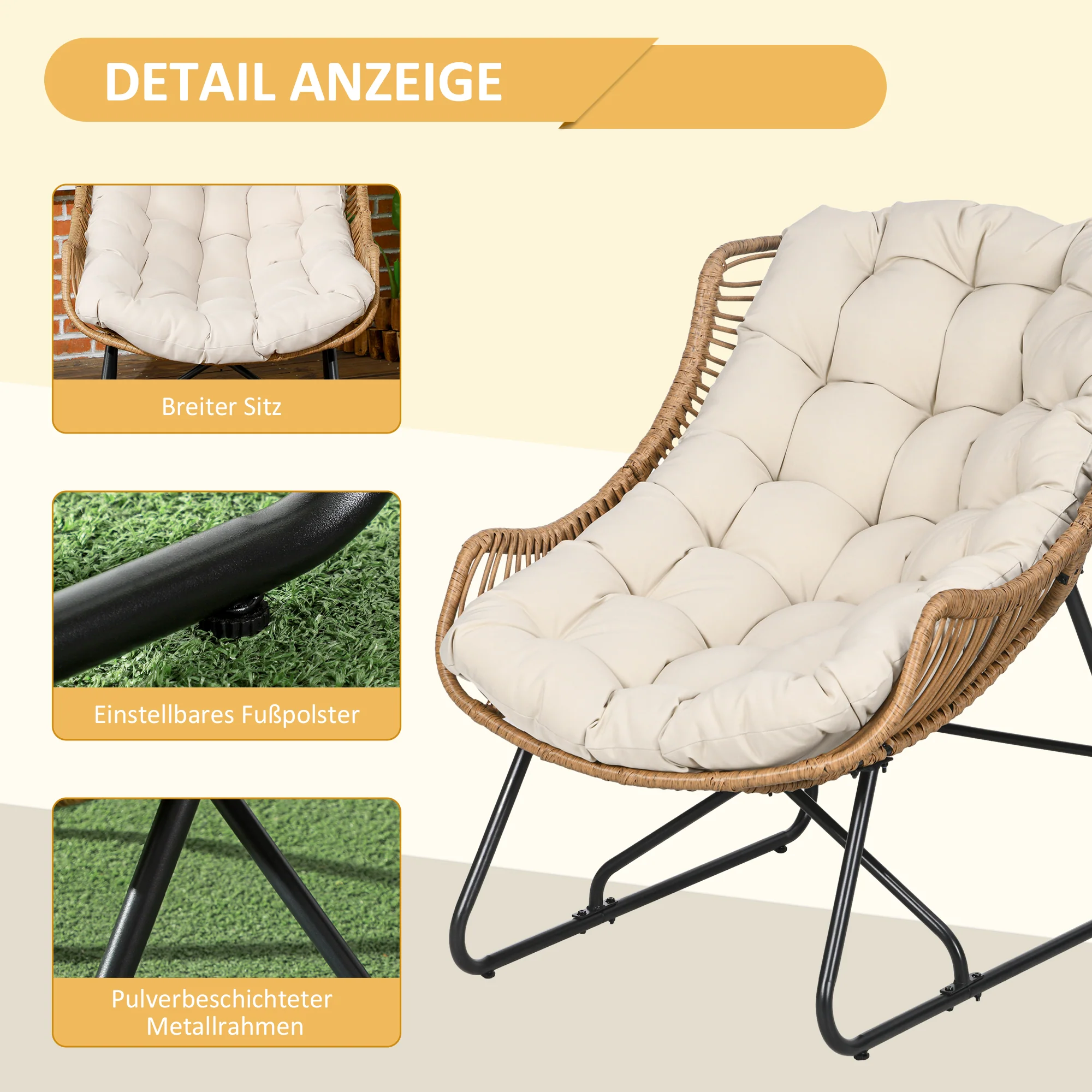 Outsunny Tuin Lounge, Rotan look, Buitensstoel, met Kussen, Metalen frame, 75x101x90 cm, Natuur/Khaki/Zwart