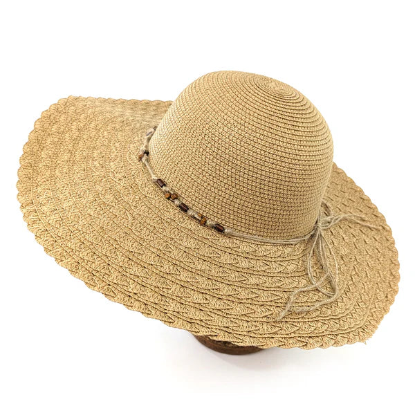 Folding Wide-Brim Travel Sun Hat �?Dark Natural | Beaded Band Paper Straw Hat