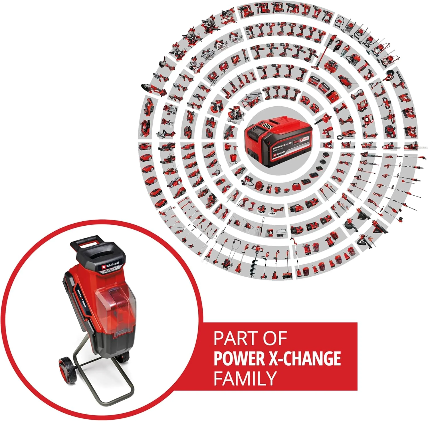 Einhell accu-hakselaar REDAXXO 36/25 Power X-Change (36 V, max. 25 mm takdikte, 3 omkeerbare stalen messen, 55 L opvangzak, transporthandgreep, aanstamper)
