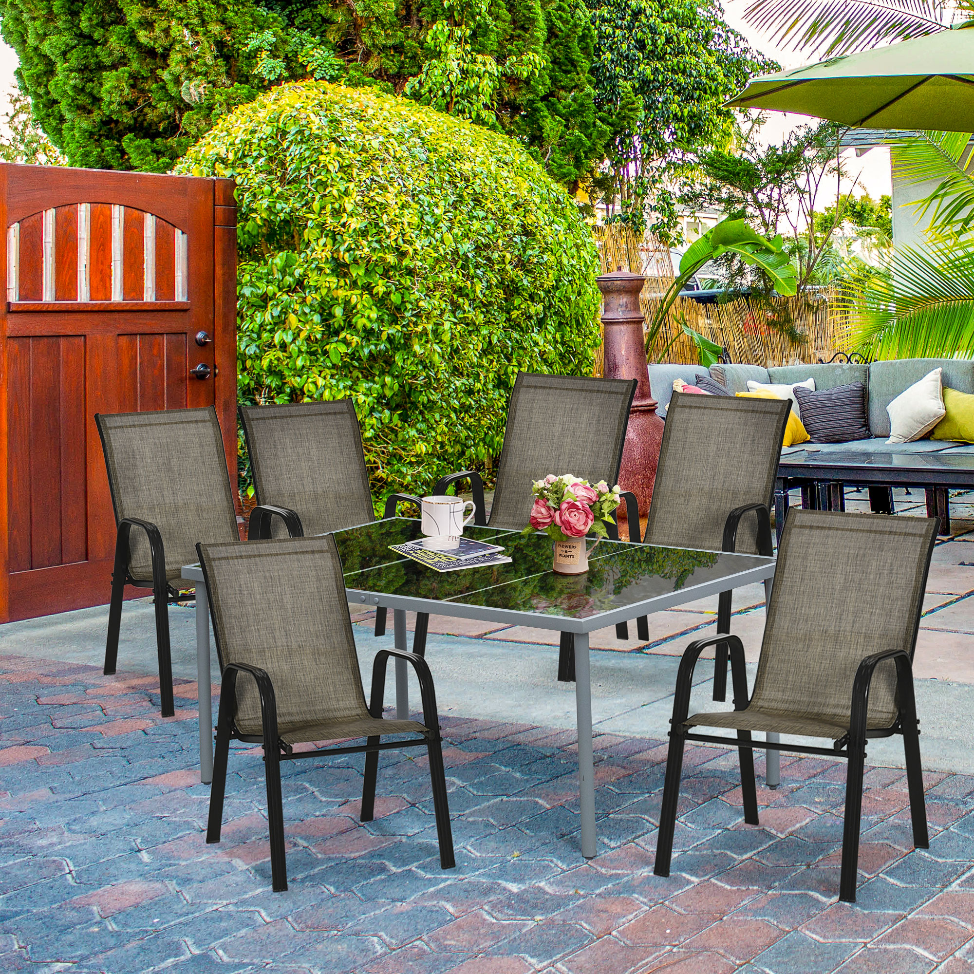 Outsunny Gartenstühle Set 6 Stück, Stapelbare Outdoor-Stühle aus Metall und atmungsaktivem Netzgewebe, Braun