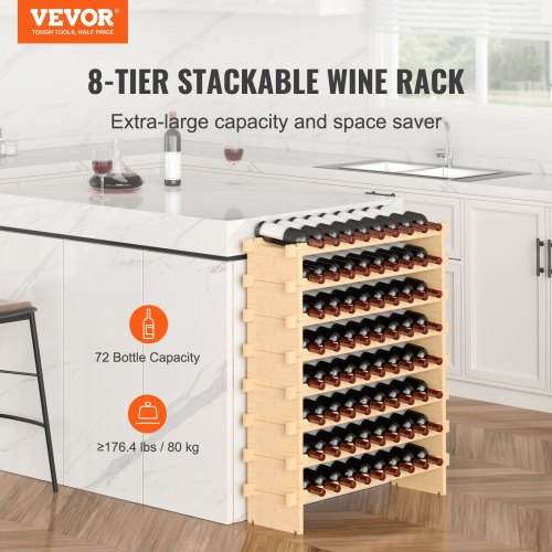 VEVOR Weinregal Weinständer für 72 Flaschen, BambusßFlaschenregal mit 8 Fächern, Stapelbar Vintage Weinständer Metall für Keller, Bar, Lagerraum usw. Flaschenhalter Weinflaschenregal 80 kg Belastbar