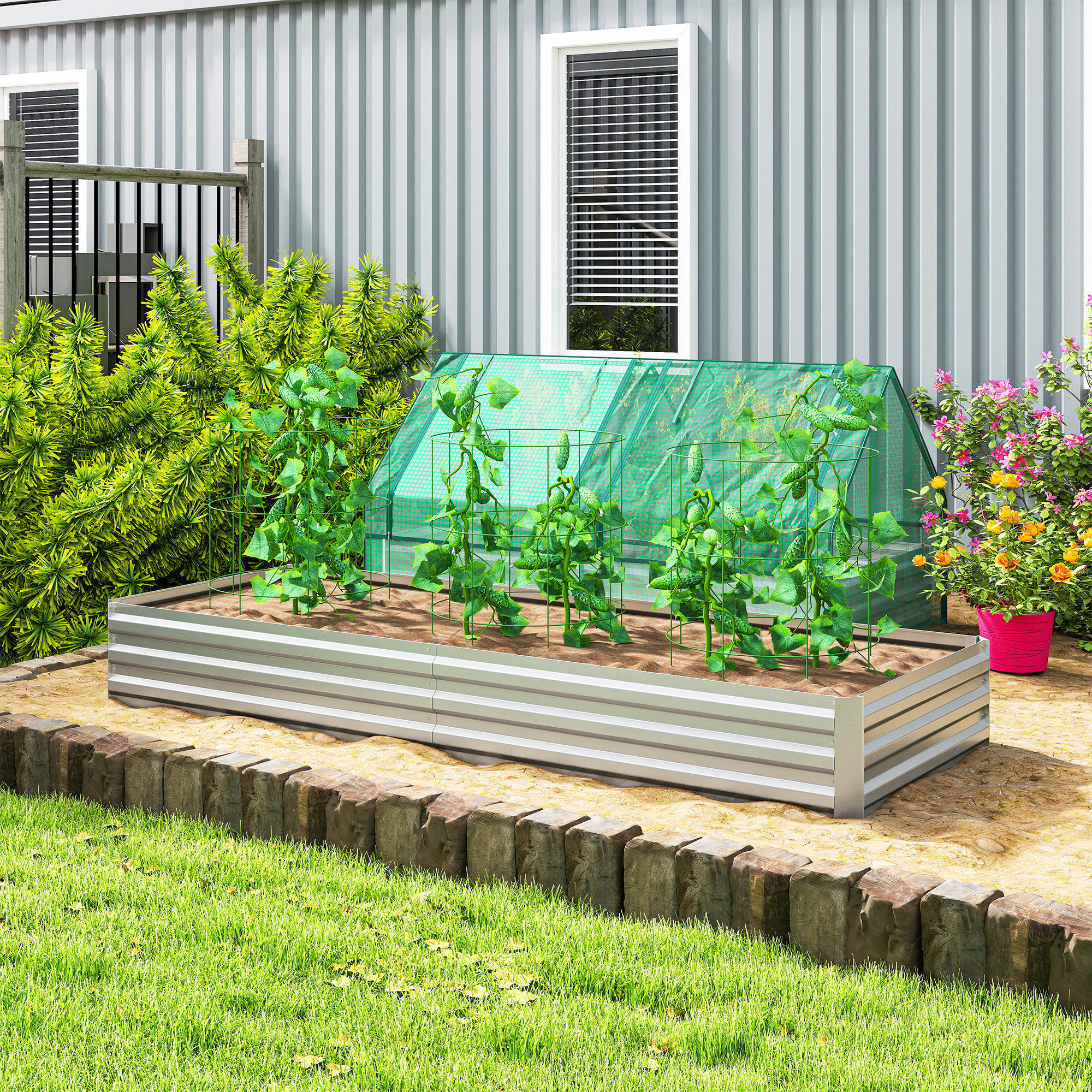 Outsunny Erhöhtes Metall-Gartenbeet für Blumen und Gemüse, 241x90,5x30 cm, Silber
