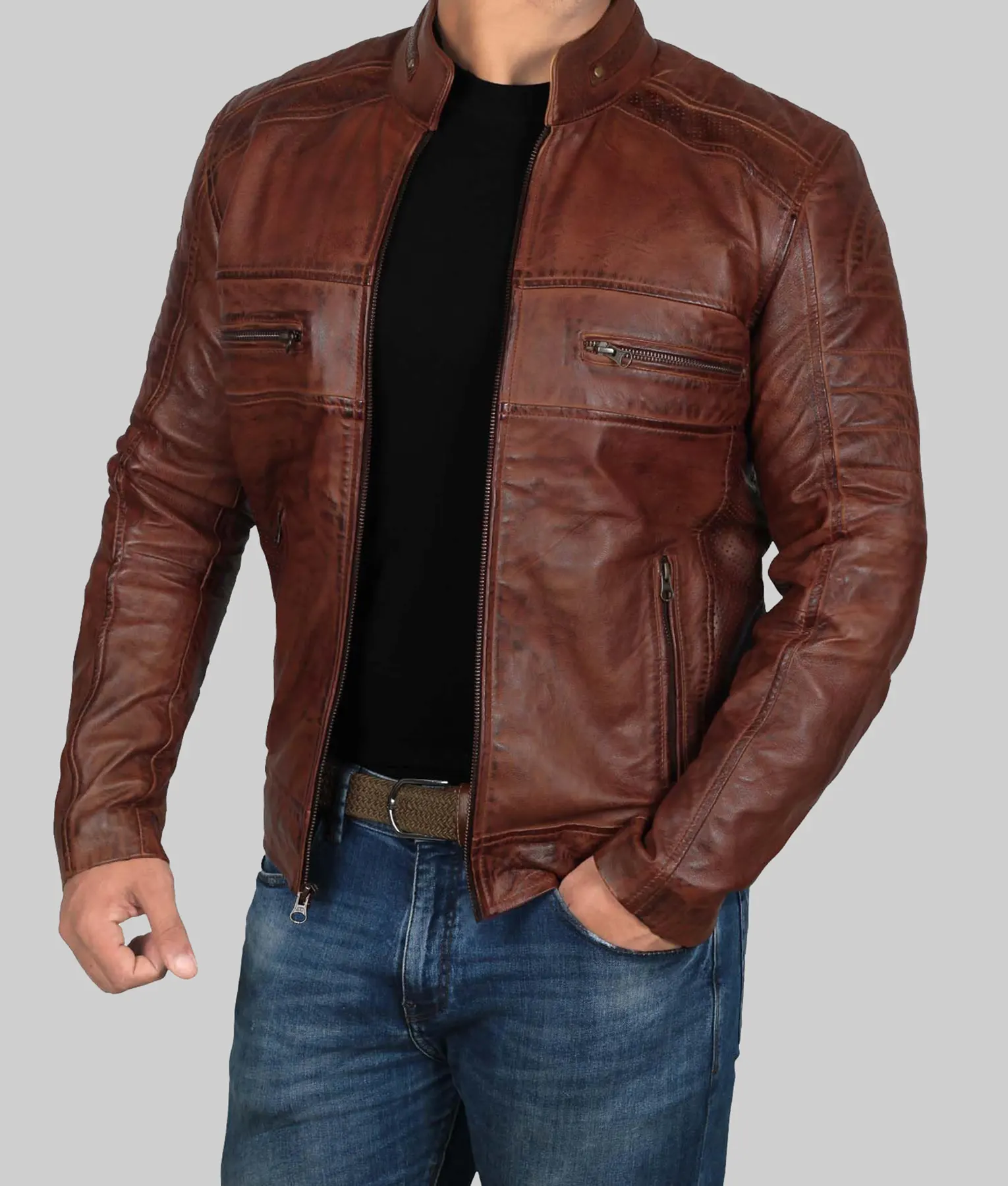 Roger Vintage Brown Leather Cafe Racer Jacket