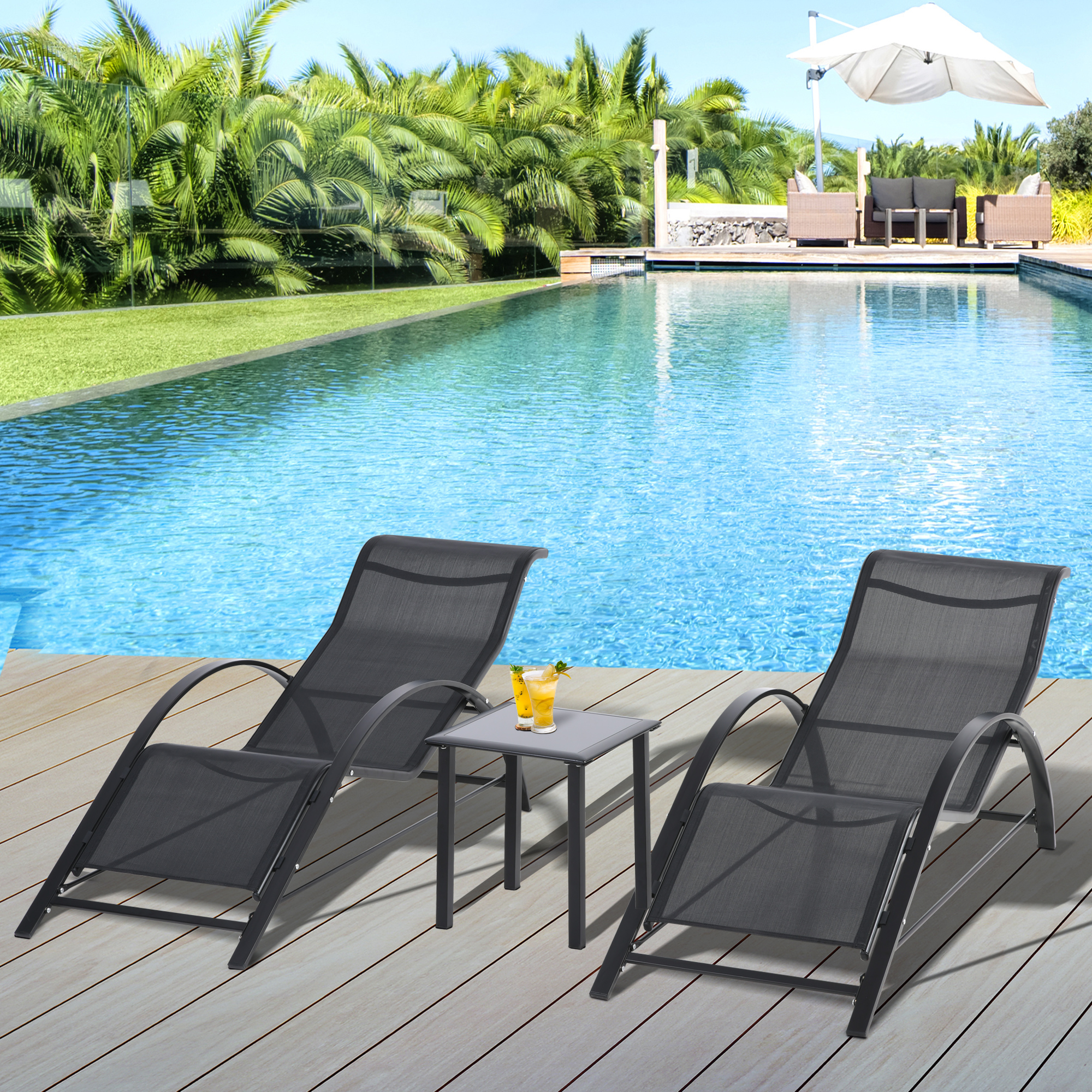 Outsunny Gartenlounge-Set, 2 Liegen mit Beistelltisch, atmungsaktiver Stoff, stabiler Metallrahmen, Schwarz