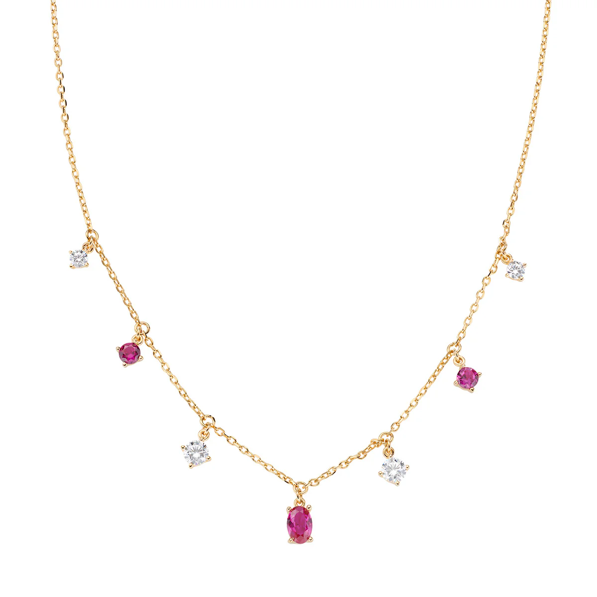 Collana Amen punti luce pendenti in argento dorato e zirconi rossi