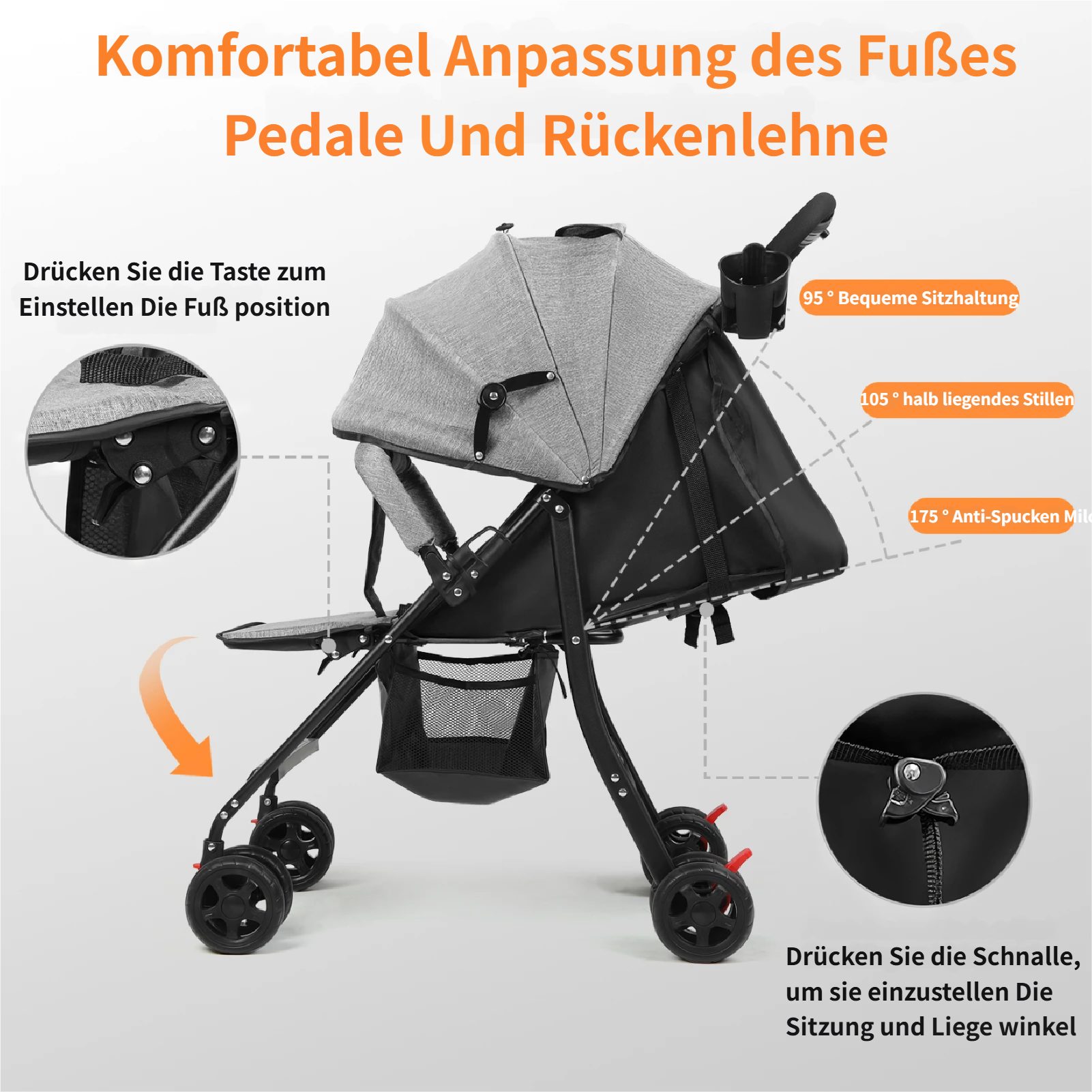 Kinder-Buggy Baby Kinderwagen bis 10 Kg, 0-2 Jahre, Zusammenklappbar, Grau