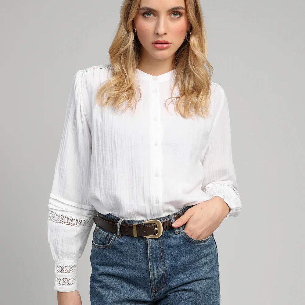 White Cotton Fine Gauge Embroidered Shirt by An��ge