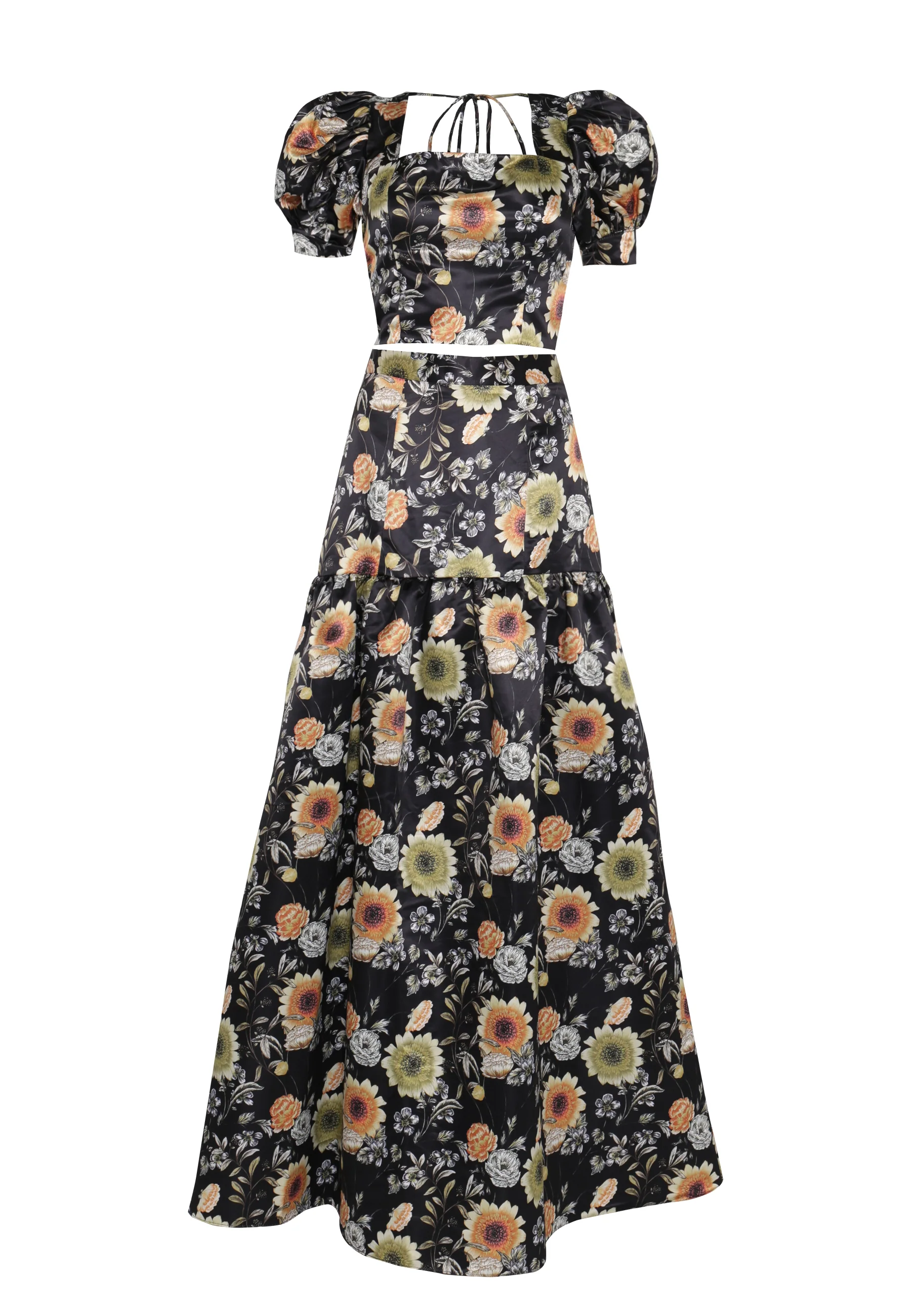 Polly Co-Ord Black-Mustard-Flower High-Waisted Tiered Maxi-Skirt