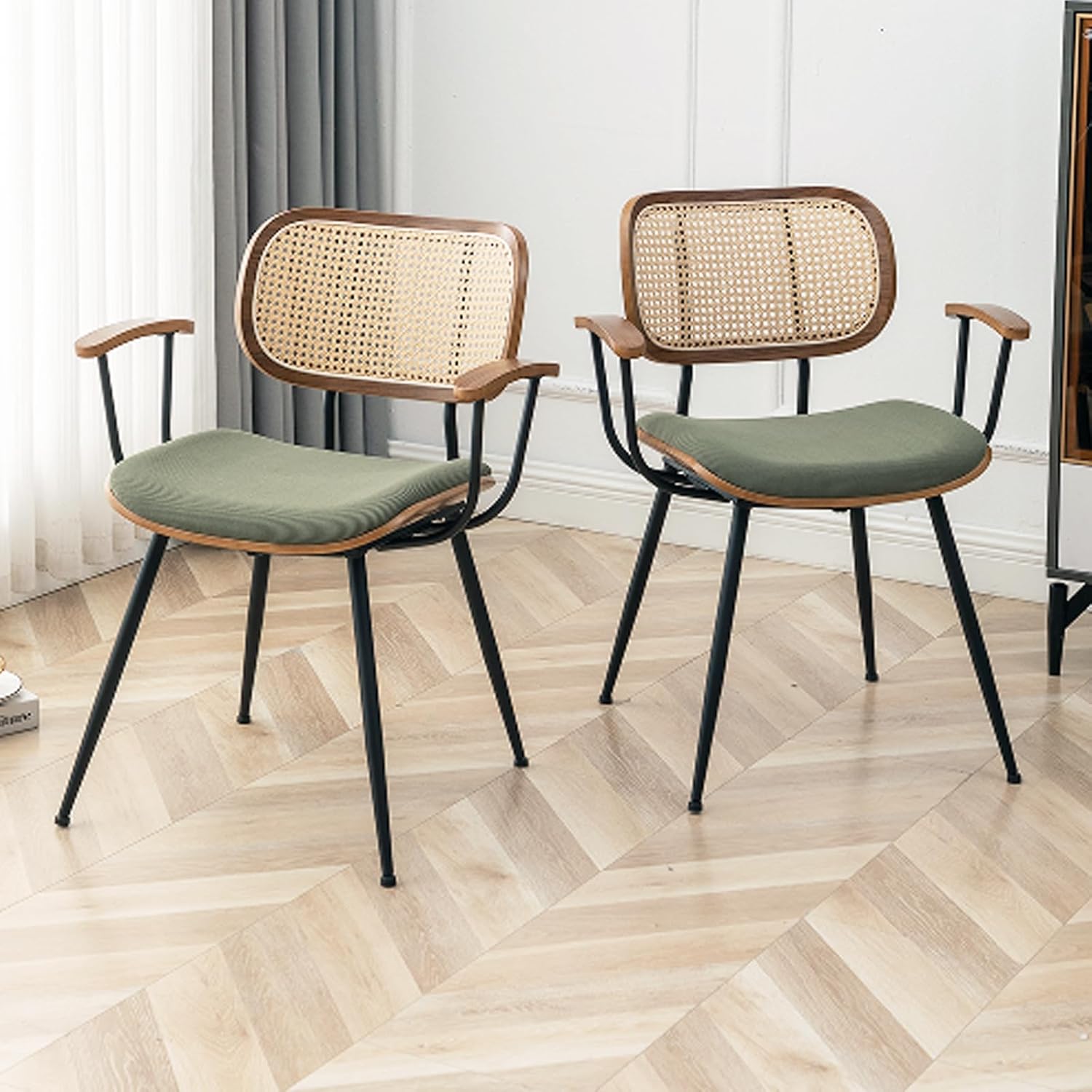 Rattan Dining Room Chairs Set of 2,Mid Century Modern Kitchen Side Chairs,Metal Legs Desk Chairs,Green Modern Corduroy Fabric Accent Chairs with Arms and Rattan Backrest