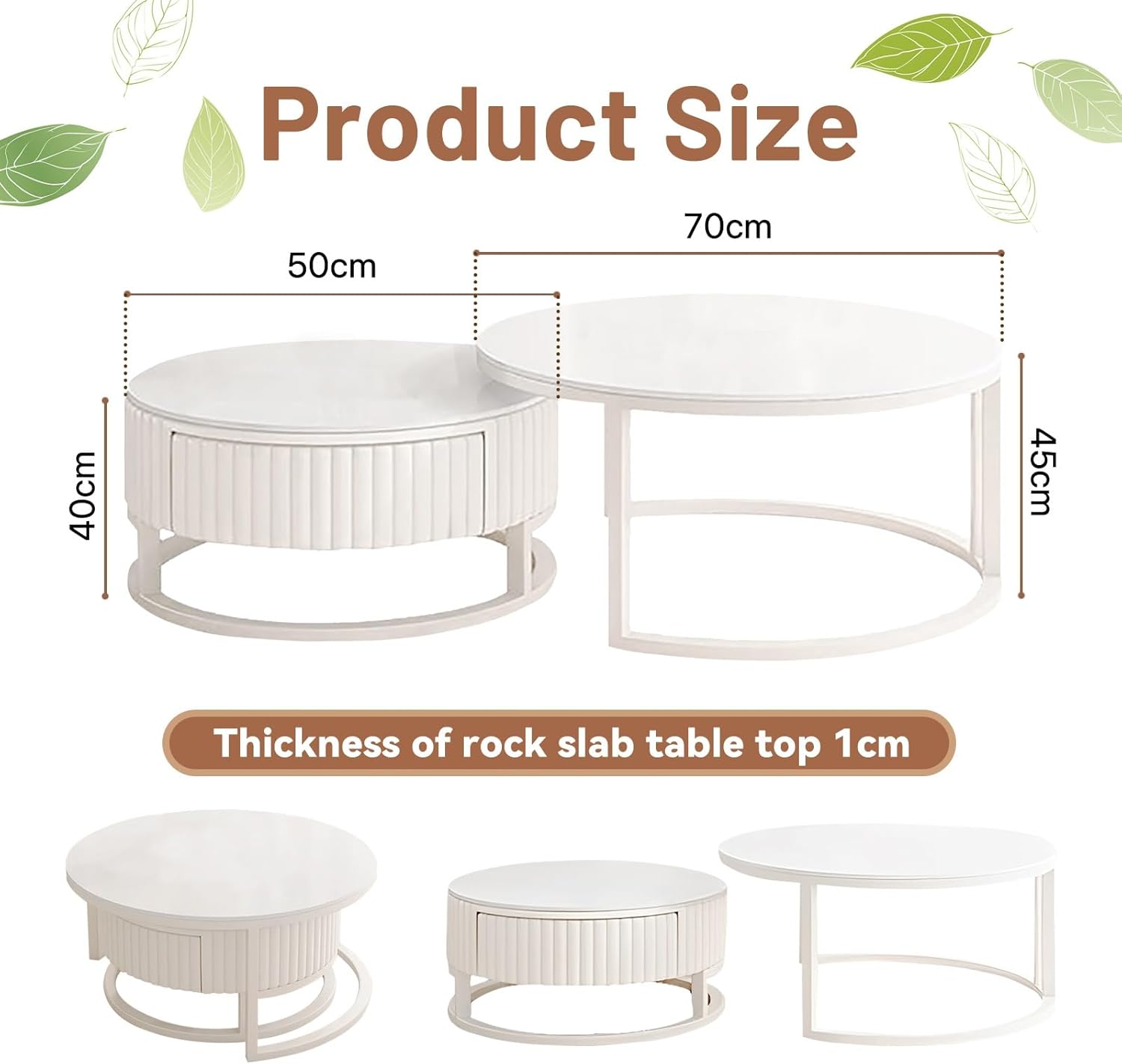 2er Set Couchtisch Rund Weiss 50+70cm Wohnzimmertisch Weiß Runder Couchtisch Mit Stauraum Marmor Beistelltisch Stabilem Metallgestel Satztische Fürs Wohnzimmer Einfache Aufbau Für Schlafzimmer Büro