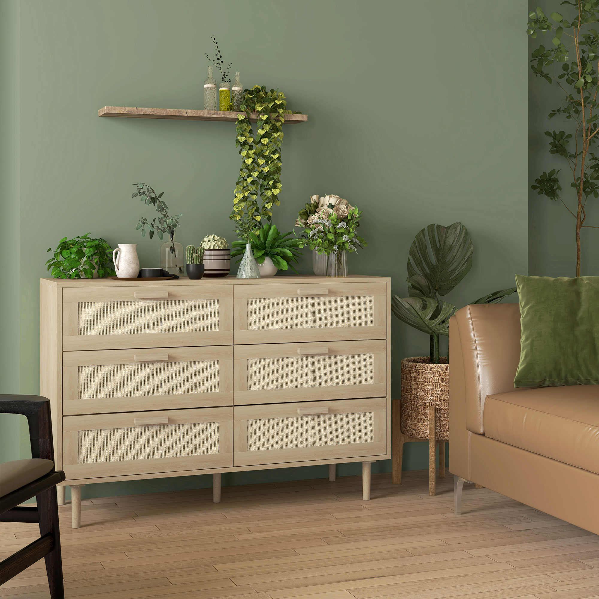 HOMCOM Kommode 6 Schubladen Aufbewahrungsmöbel mit Rattanflechtwerk 110L x 40B x 75H cm Holzoptik