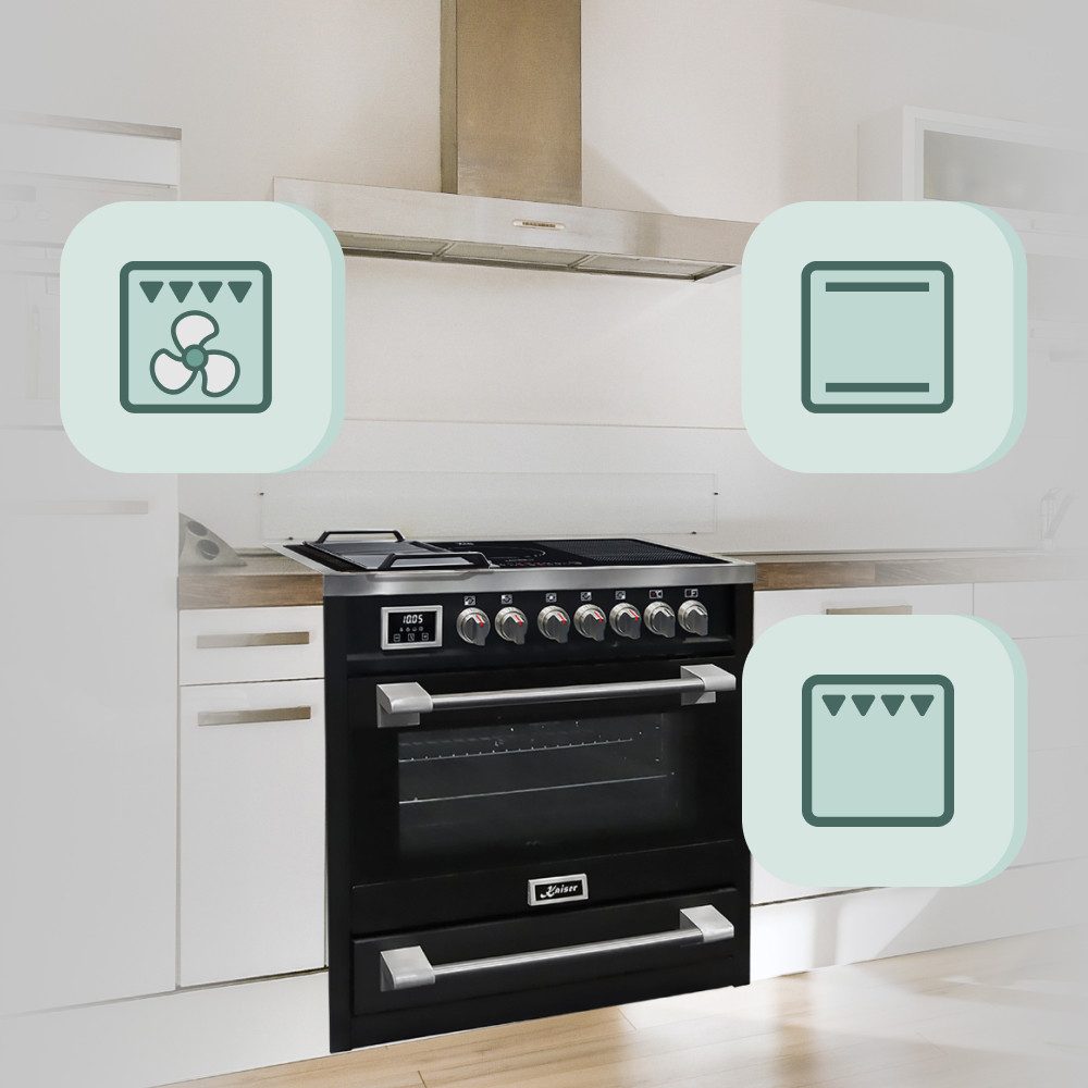 Induktions-Standherd Induktionsherd Freistehend 90 cm, Schwarz, Range Coocker mit Induktionskochfeld mit Dunstabzugshaube 90 cm HC 93691 IS+AT 9343..
