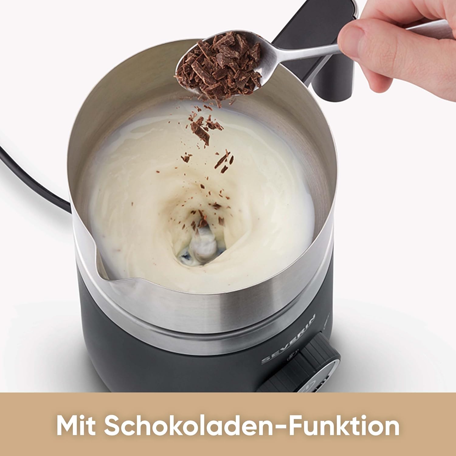 SEVERIN SPUMA 700 Induktions-Milchaufschäumer, elektrischer Milchaufschäumer ohne Anbrennen, spülmaschinengeeigneter Milchschäumer, Edelstahl-gebürstet/schwarz-matt, SM 3586