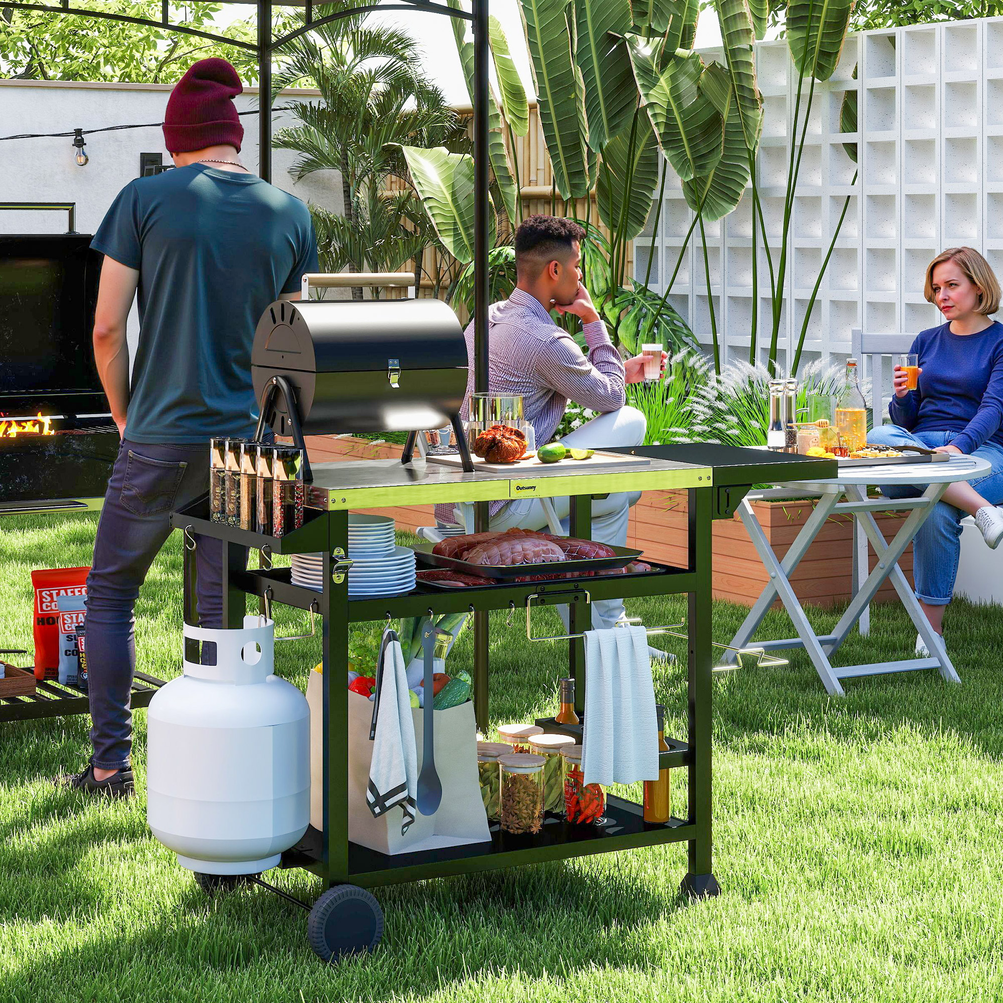 Outsunny Grillstation Grillwagen, inkl. Zubehör, 125 x 65 x 84 cm, Schwarz + Silber