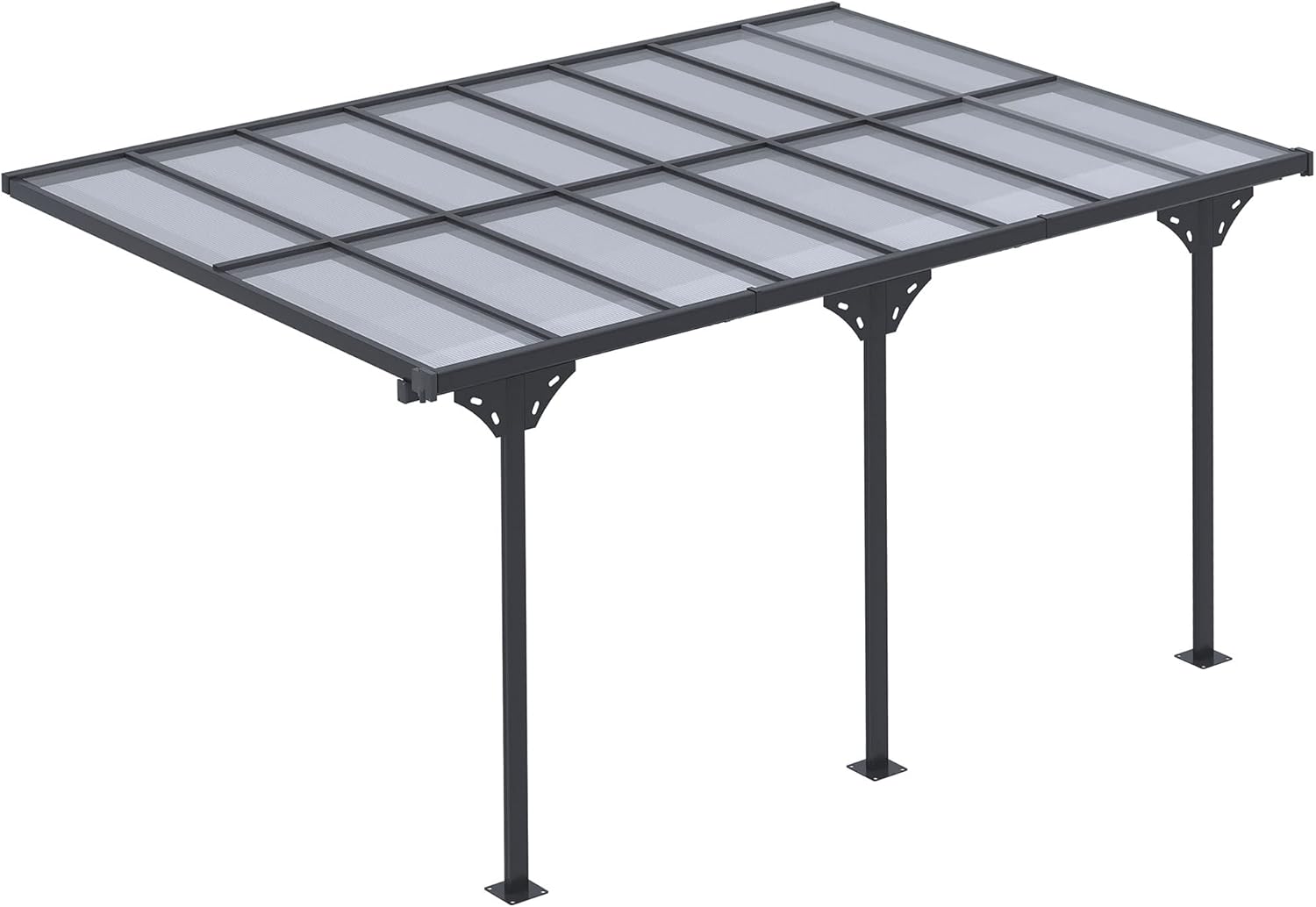 Outsunny Pergola Addossata da Giardino 4.4x3m, Gazebo Pergola per Esterni in Policarbonato e Alluminio, Installazione Regolabile, Grigio