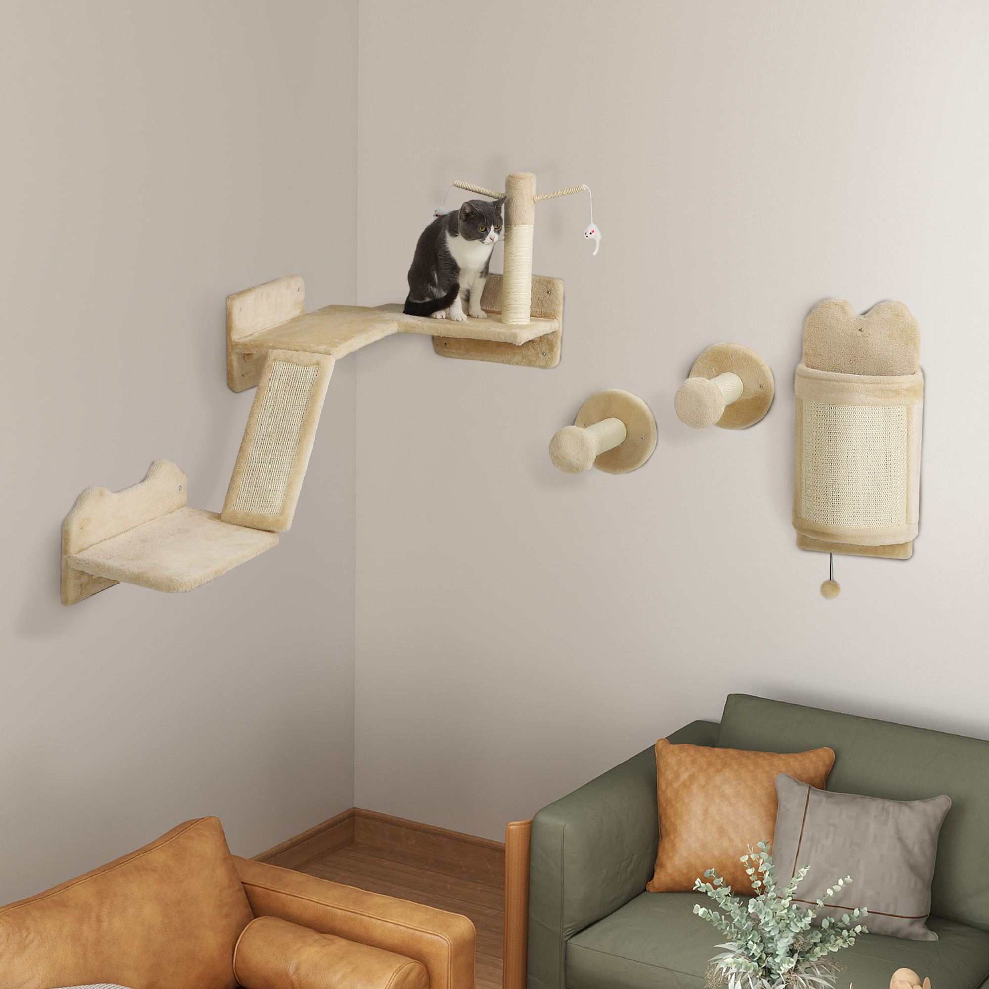 PawHut Katzen-Wandregale, Wandmöbelset für Katzen, 4-teiliges Set, mit Teasern, Spielzeugball, beige