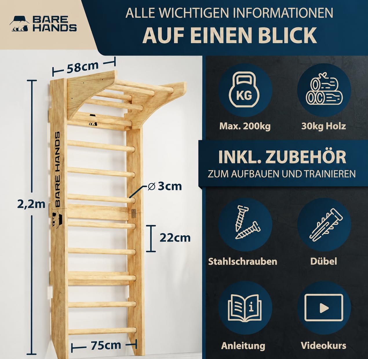 Sprossenwand 3-in-1 mit Klimmzug- und Dipstange bis 200 kg FSC-Birkenholz für Calisthenics und Krafttraining