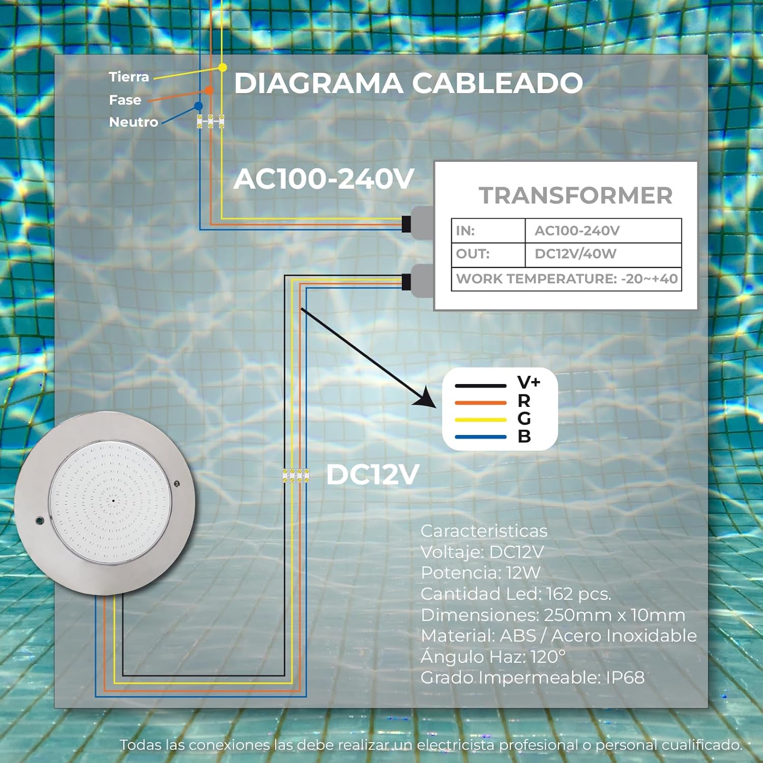 LED ATOMANT Packung mit 2 LED-Poolleuchte 12W RGB Wasserdicht IP68 Tauchfähig, 2m Kabel, Edelstahl mit Transformator AC 220V/12V DC und Fernbedienung, Bluetooth-App-Steuerung