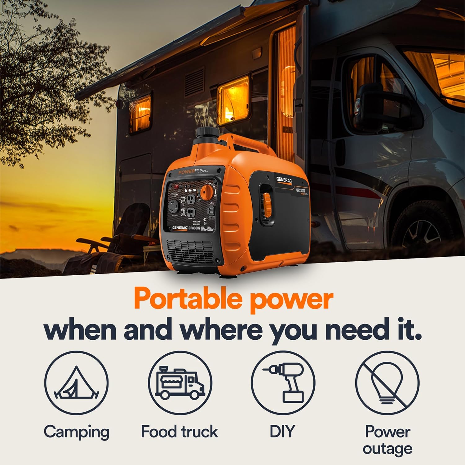 Generac 3 300-Watt Gas Powered Portable Inverter Generator - Lightweight and Compact - USB Ports for Device Charging - Produces Clean  Stable Power - Great for Home Backup  Camping  and RV Use