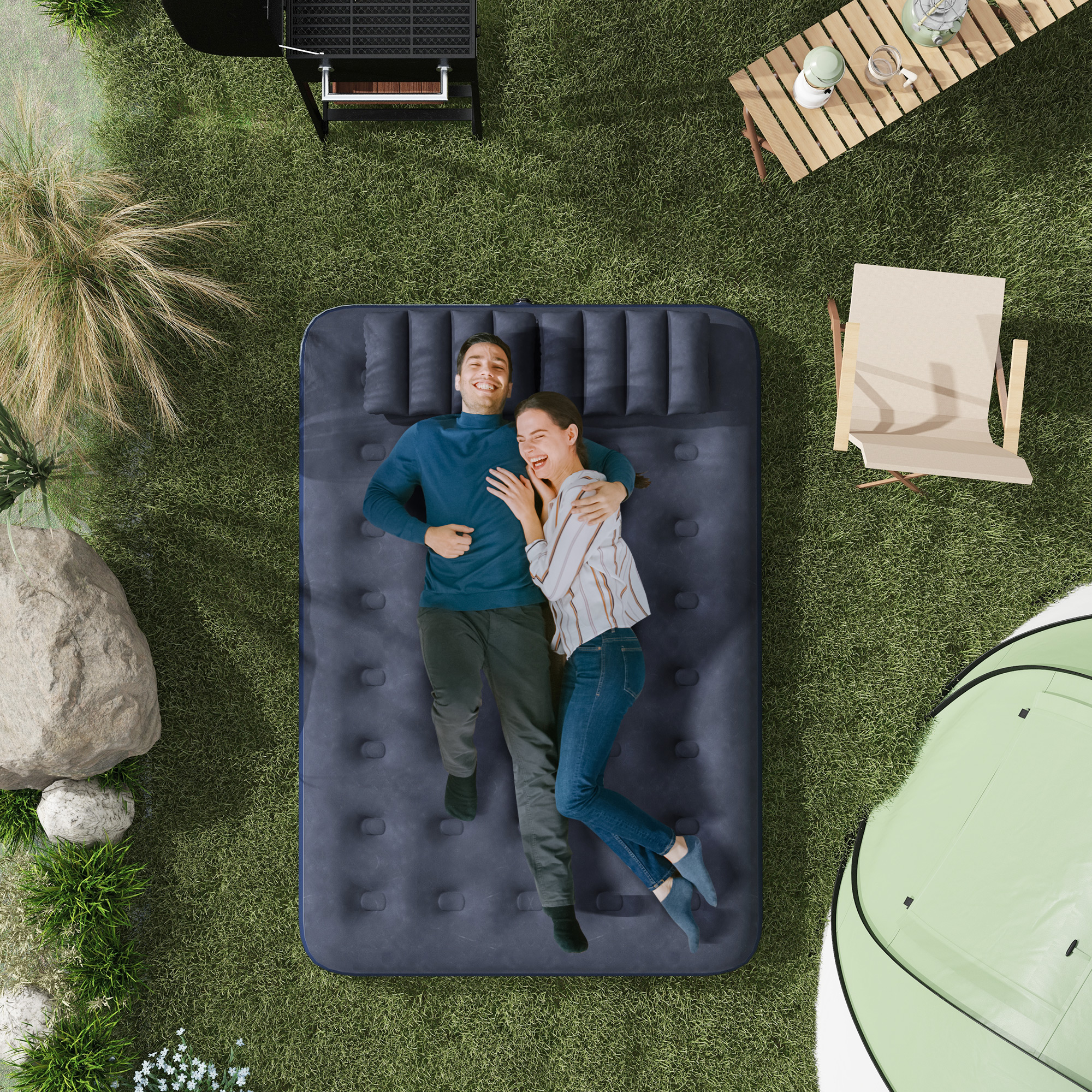 Outsunny Luftmatratze für 2 Personen mit integrierter Handpumpe, 2 Kopfstützen, beflockte Oberfläche, für Camping, Reisen, Blau
