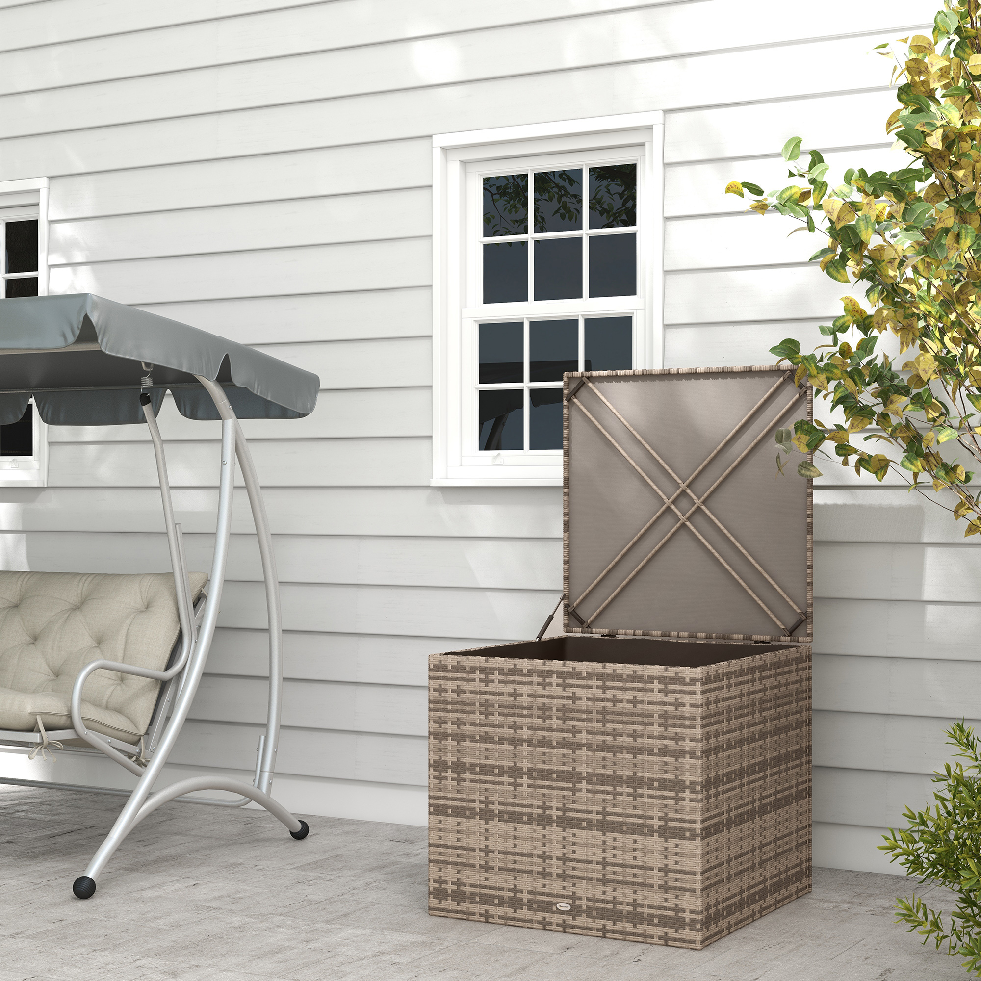 Outsunny Polyrattan Auflagenbox, Stoff-Innenauskleidung, leichtes Öffnen/Schließen, Metallrahmen, 75B x 75T x 70H cm, Schwarz