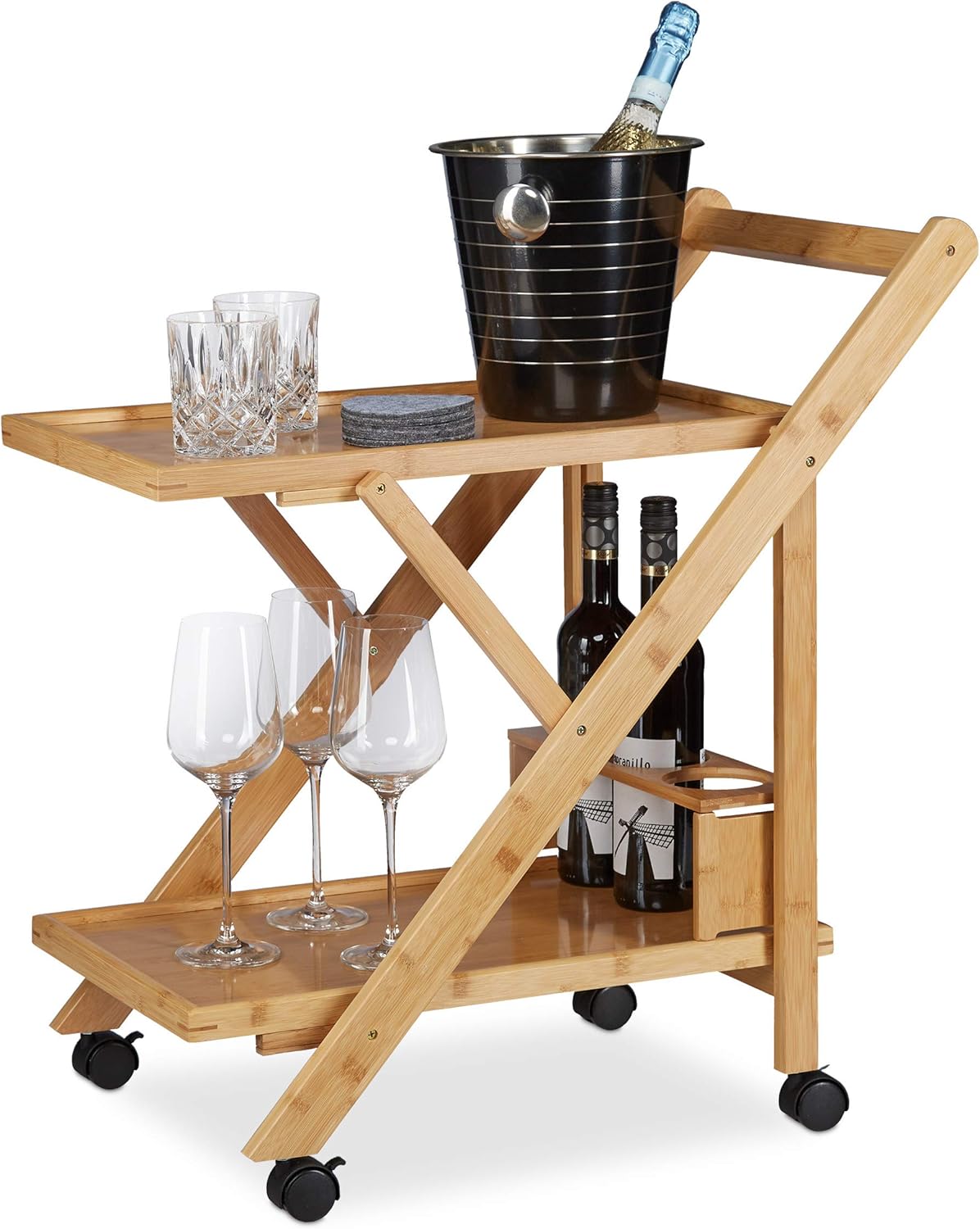 Relaxdays, Bambù, Carrello Portavivande da Portata, con Portabottiglie, Marrone, 70 x 40.5 x 65 cm, portata max di 8 kg