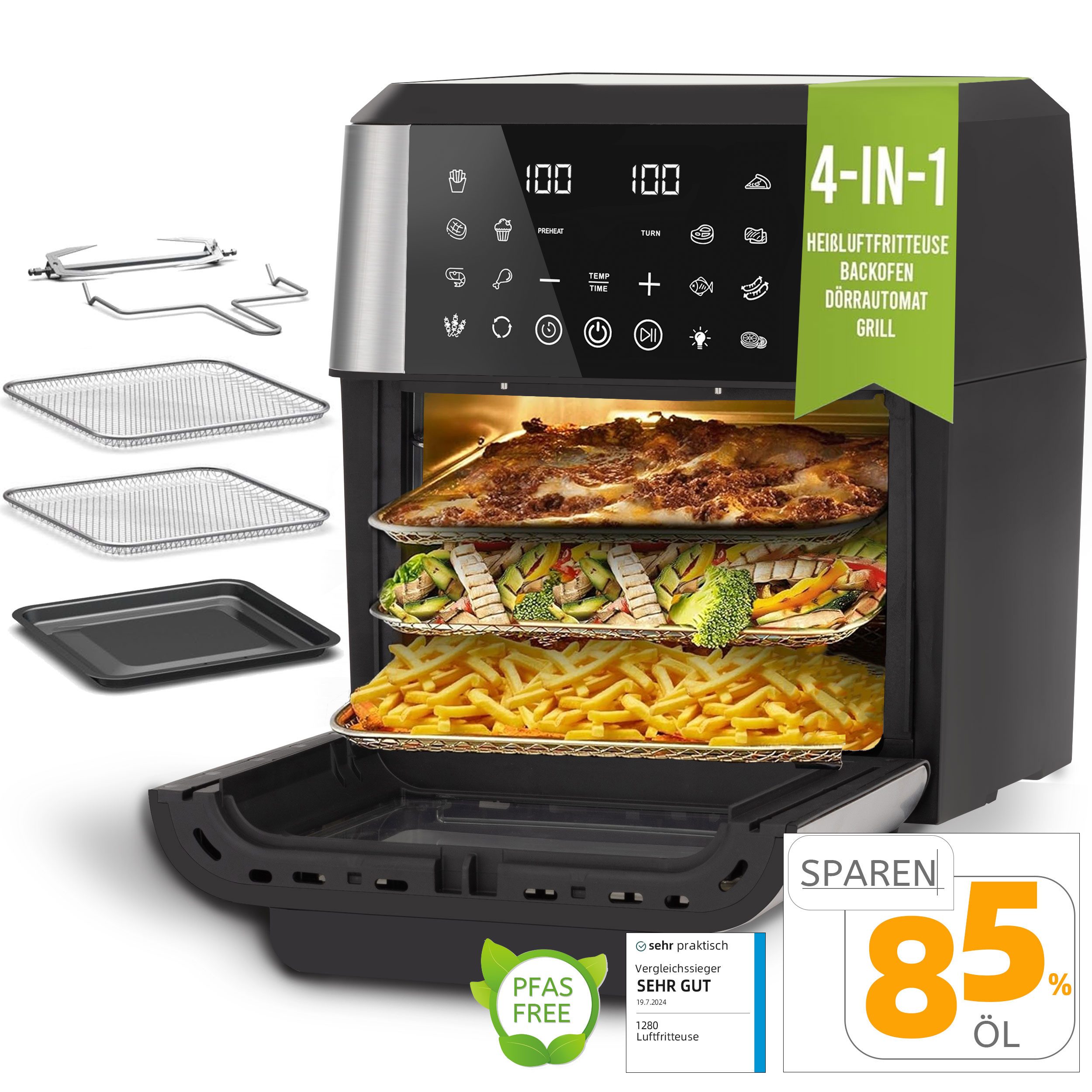 Heißluftfritteuse XXL Airfryer 12 L – 1800 W, 12 Kochprogramme