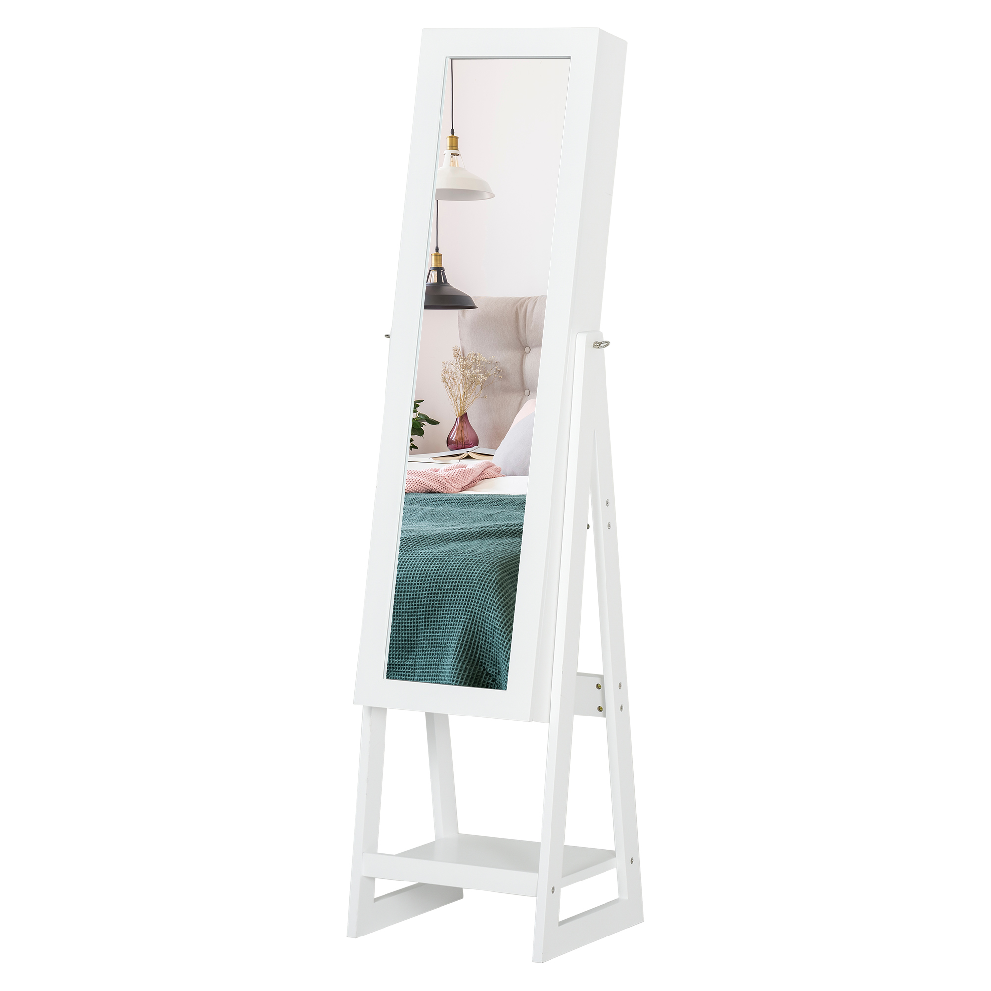 HOMCOM Schmuckschrank mit LED Spiegel auf Boden Mehrfachablage 40B x 37T x 161H cm, weiß
