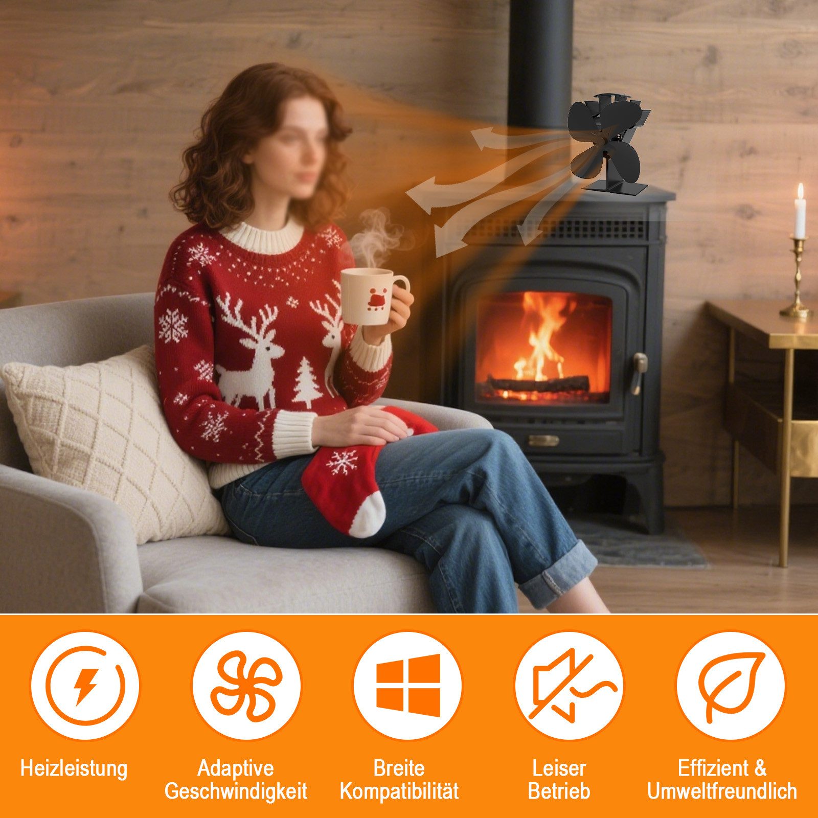 Kaminventilator 4 Flügel Ofenventilator Ohne Strom, Wärmebetriebener, Leiser