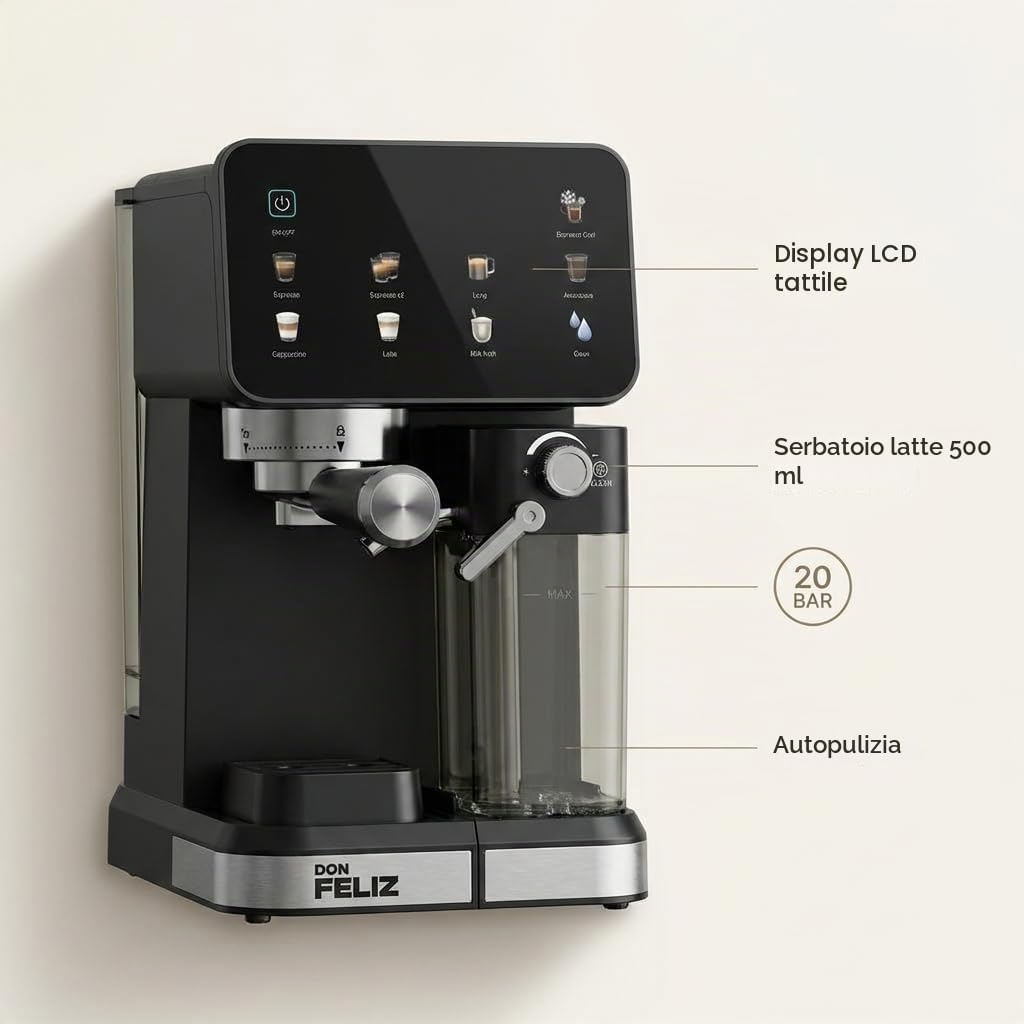 Don Feliz Macchina da caffè espresso semiautomatica, 20 bar, 1350 W, con display LCD, serbatoio del latte da 500 ml, serbatoio dell'acqua da 1,5 l, compatibile con Nespresso, Cappuccino, Americano