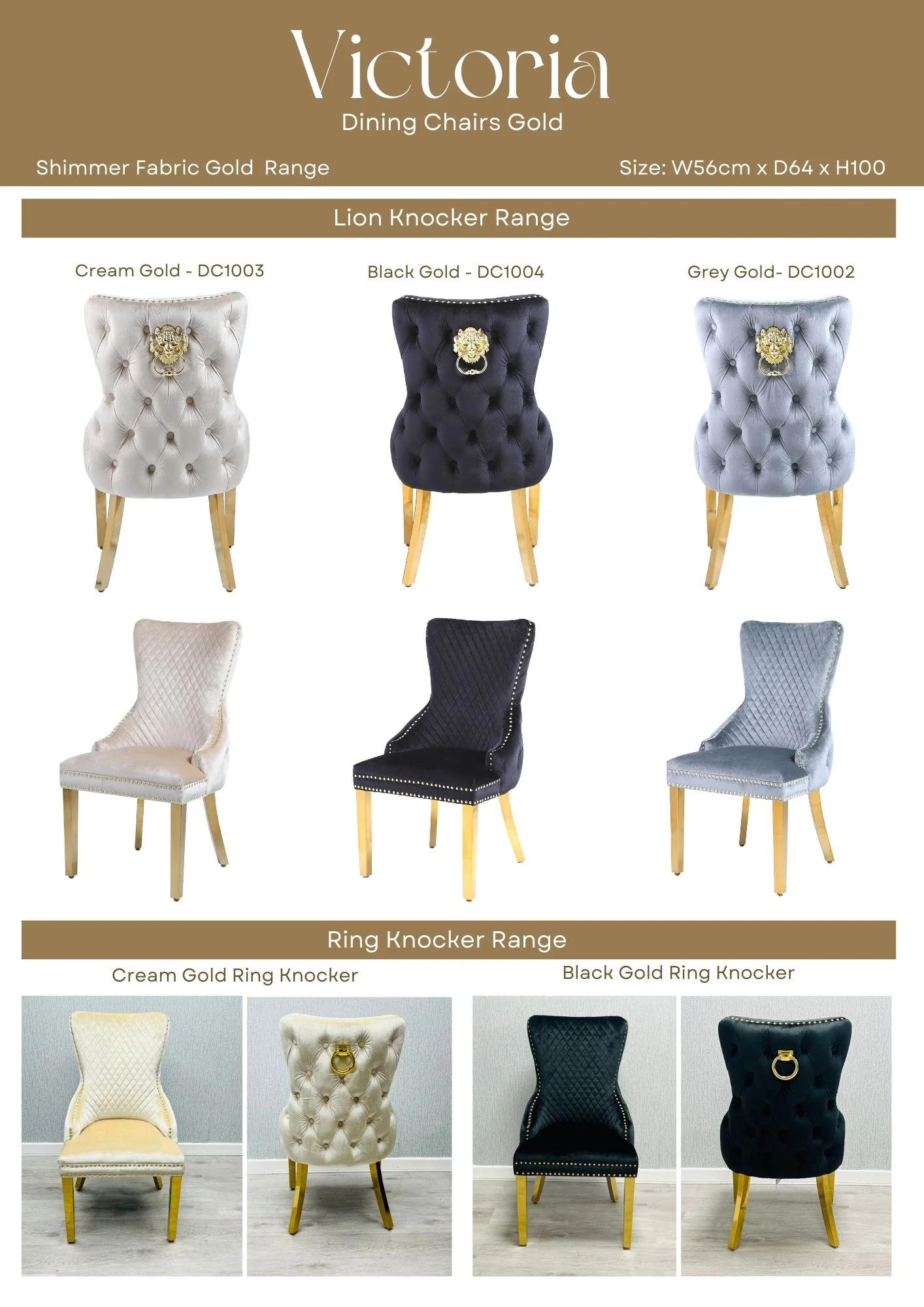 Louis Gold Marble Dining Table + Victoria Gold Dining Chairs Ring Knocker