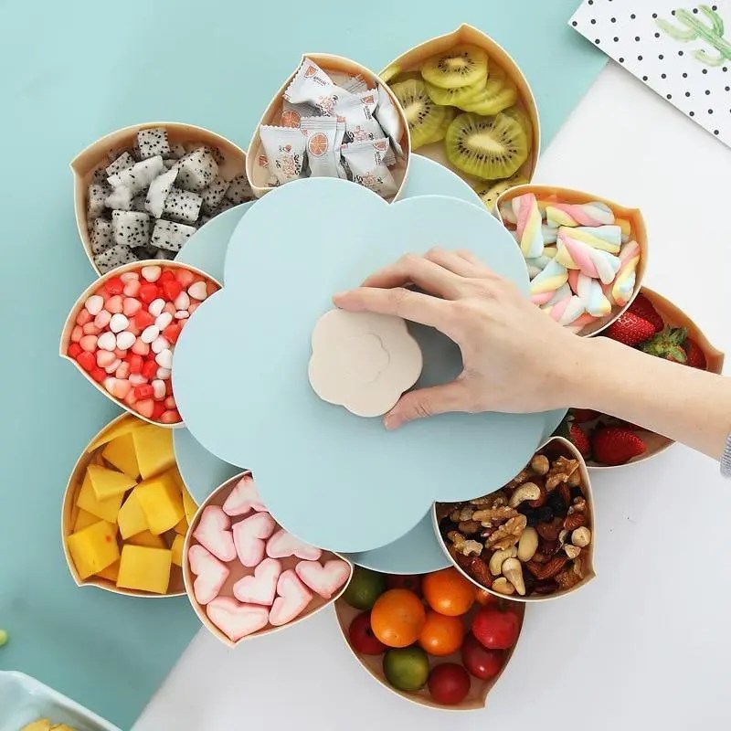 BloomzoTM Flower Shaped Rotating Snack Box, Multi Purpose Storage for Snacks, Jewelry, Makeup, BPA Free, Elegant Design