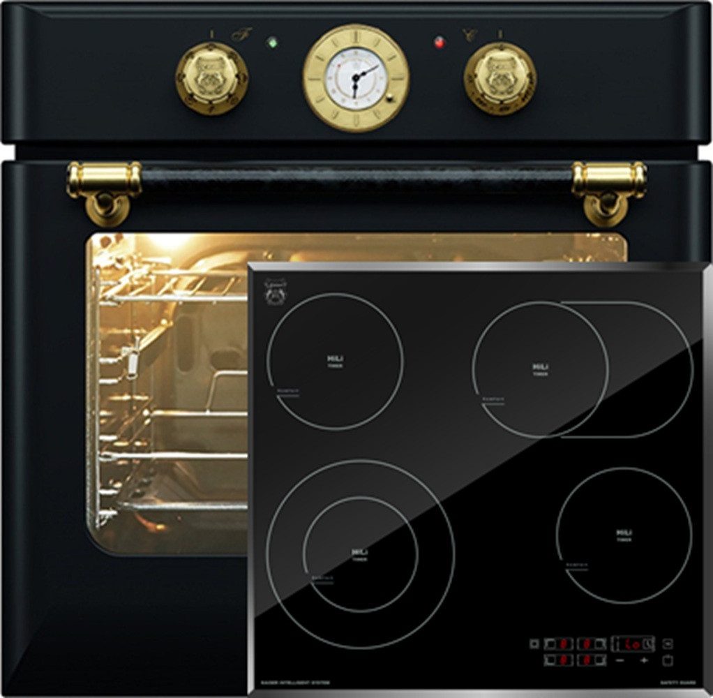 Backofen-Set Herd Set Autark Retro Einbau Backofen Elektro, Autark, 68 L, Drehspieß, 10 Funktionen mit High Light Glaskeramik Kochfeld 60cm Schwarz glas Facettenschliff-Kanten EH 6432 BE+KCT 6115 F