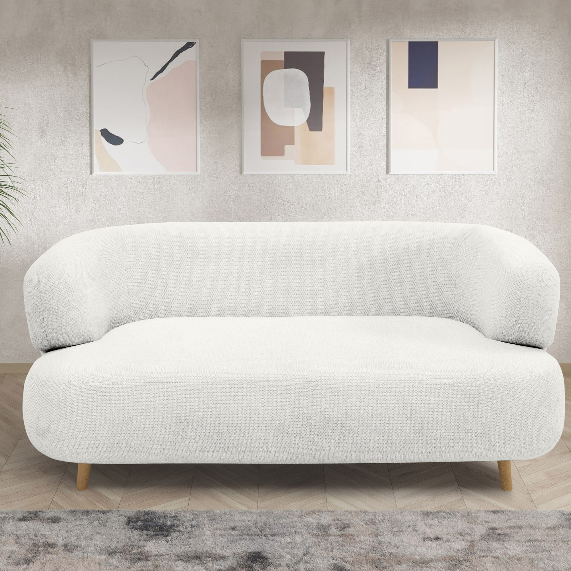 Sofa 800014, 2-Sitzer, runde Ecken, Holzfüße Eiche, 2er Couch, 86 x 73 x 160 cm (BxTxH), weiß