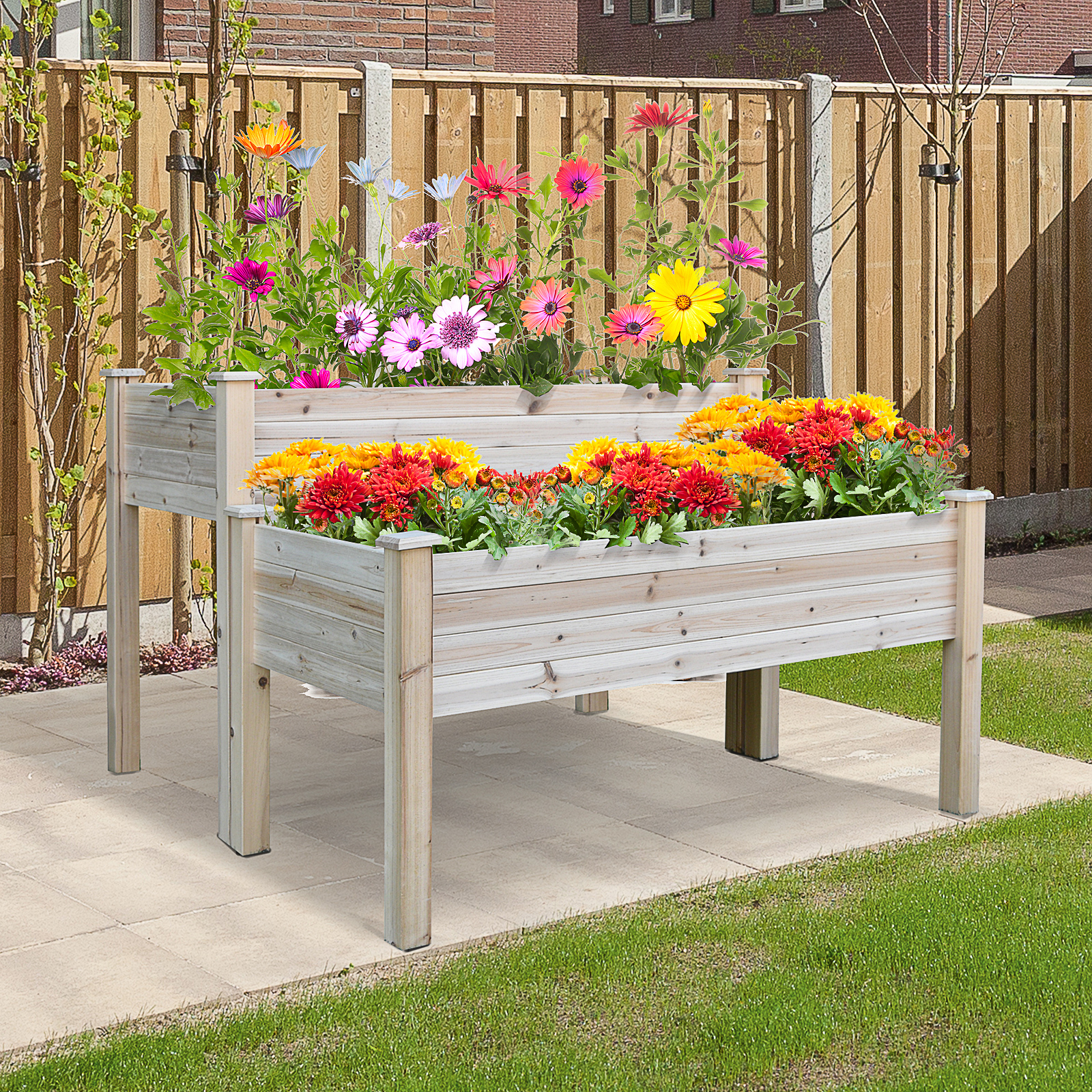 Outsunny Hochbeet Pflanzenbeet Blumenkasten, 2 Pflanzkästen, Massivholz, 115 cm x 114 cm x 76 cm, Natur