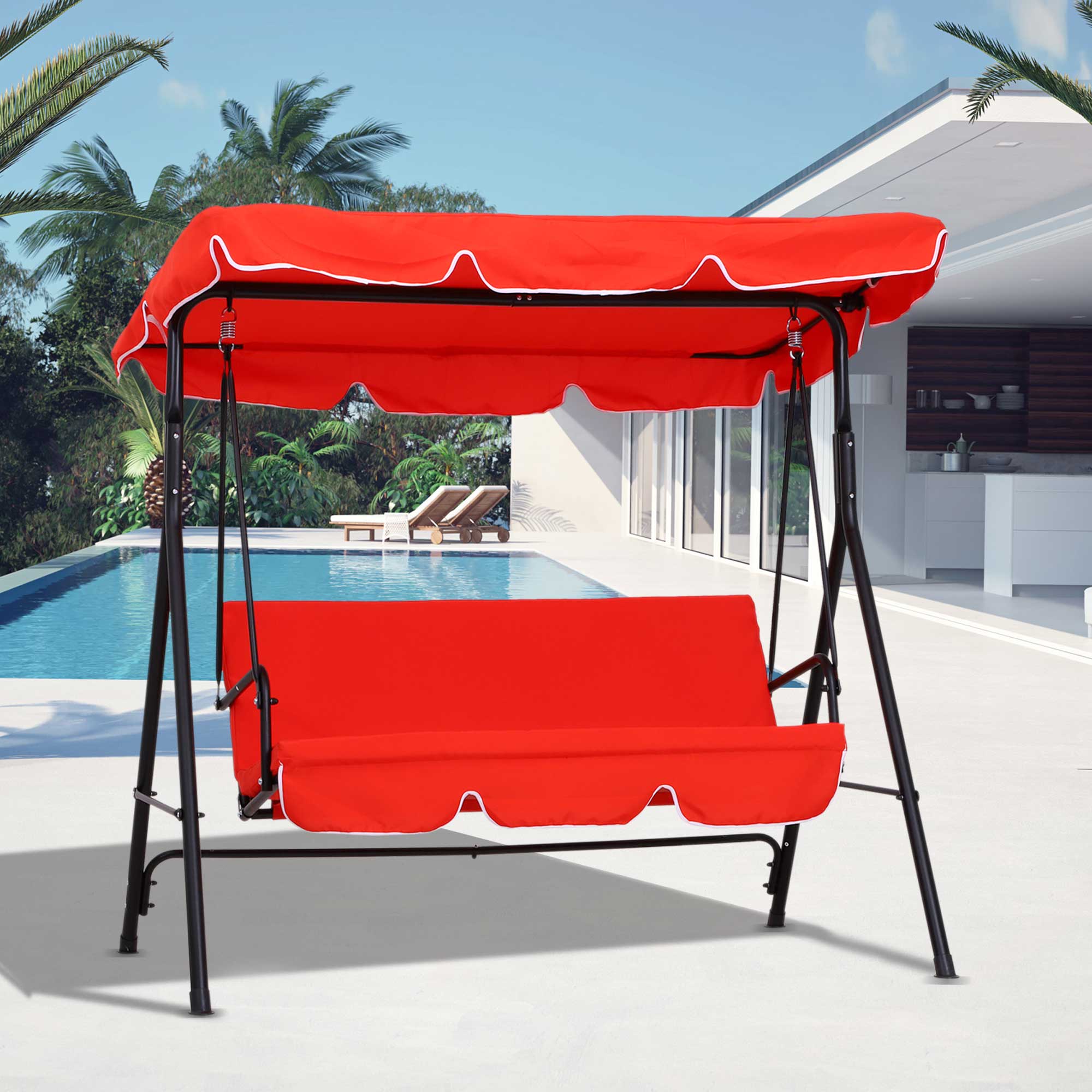 Outsunny Gartenliege 3-Sitzer Verstellbares Dach Kissen Sitz und Rücken 1,72L x 1,1B x 1,52H m Stahl Schwarz Polyester Rot