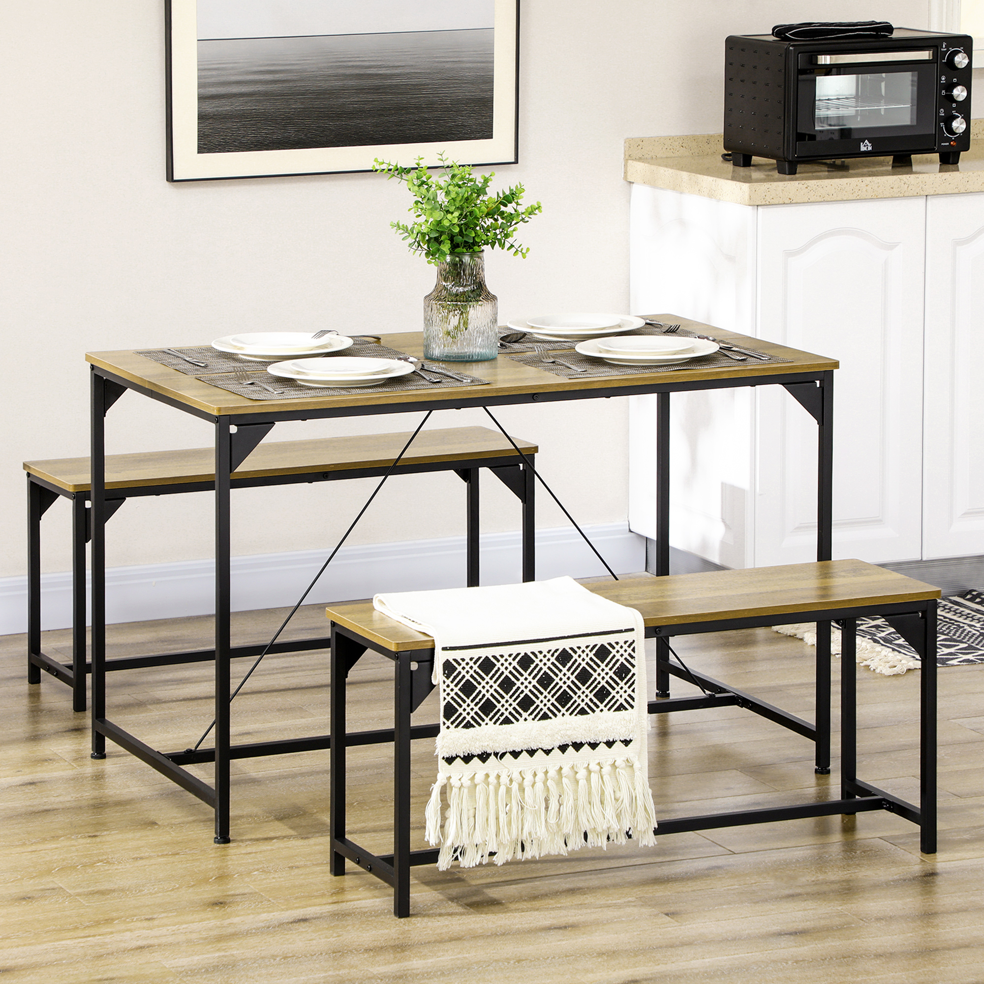 HOMCOM Essgruppe 4 Personen Esstisch mit 2 Bänken, Industriedesign, 120 cm x 70 cm x 75 cm, Schwarz + Natur